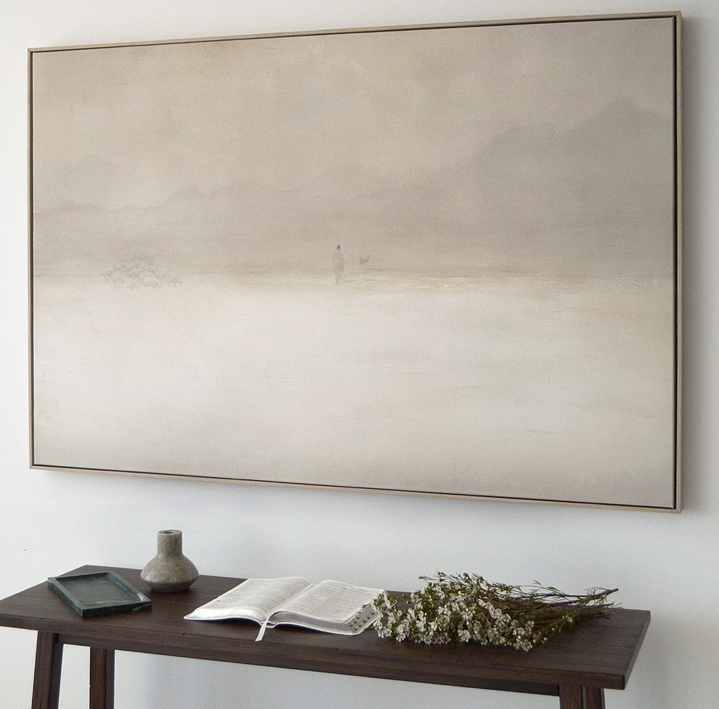 Jesus Leaves the 99 Premium Canvas, Framed, Beige, White, Neutral, Framed, Lost Sheep, Shepherd, Horizontal Sketch Bible Pray Faith Art Gift