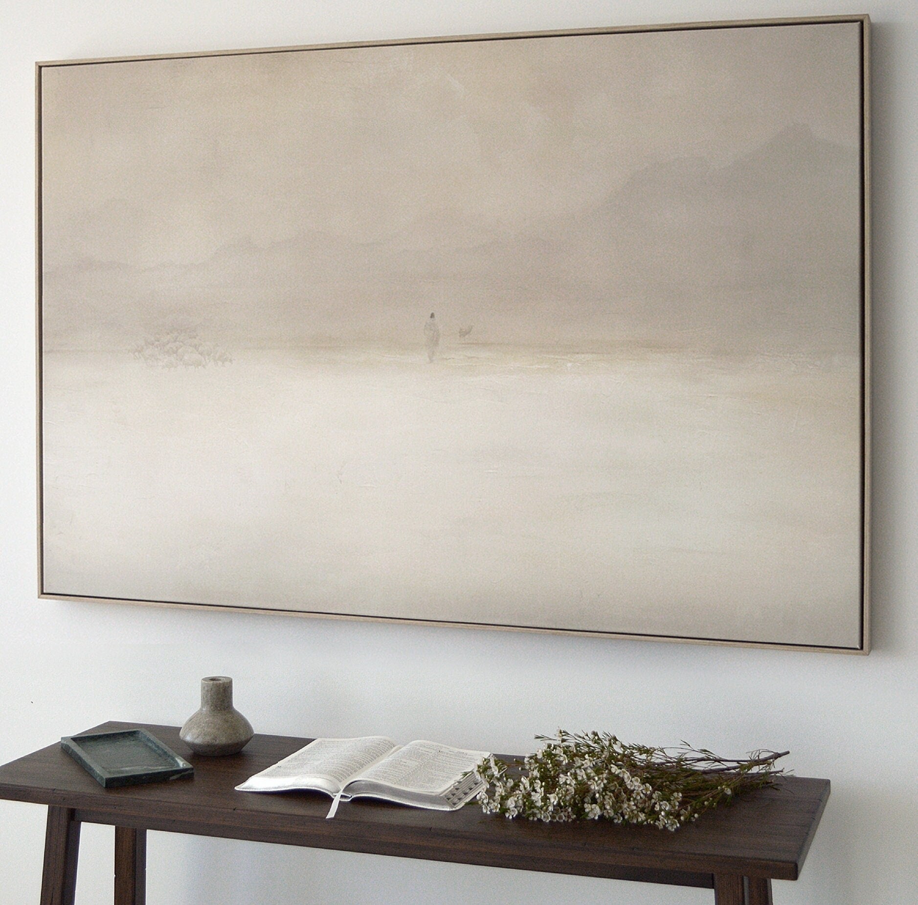 Jesus Leaves the 99 Premium Canvas, Framed, Beige, White, Neutral, Framed, Lost Sheep, Shepherd, Horizontal Sketch Bible Pray Faith Art Gift