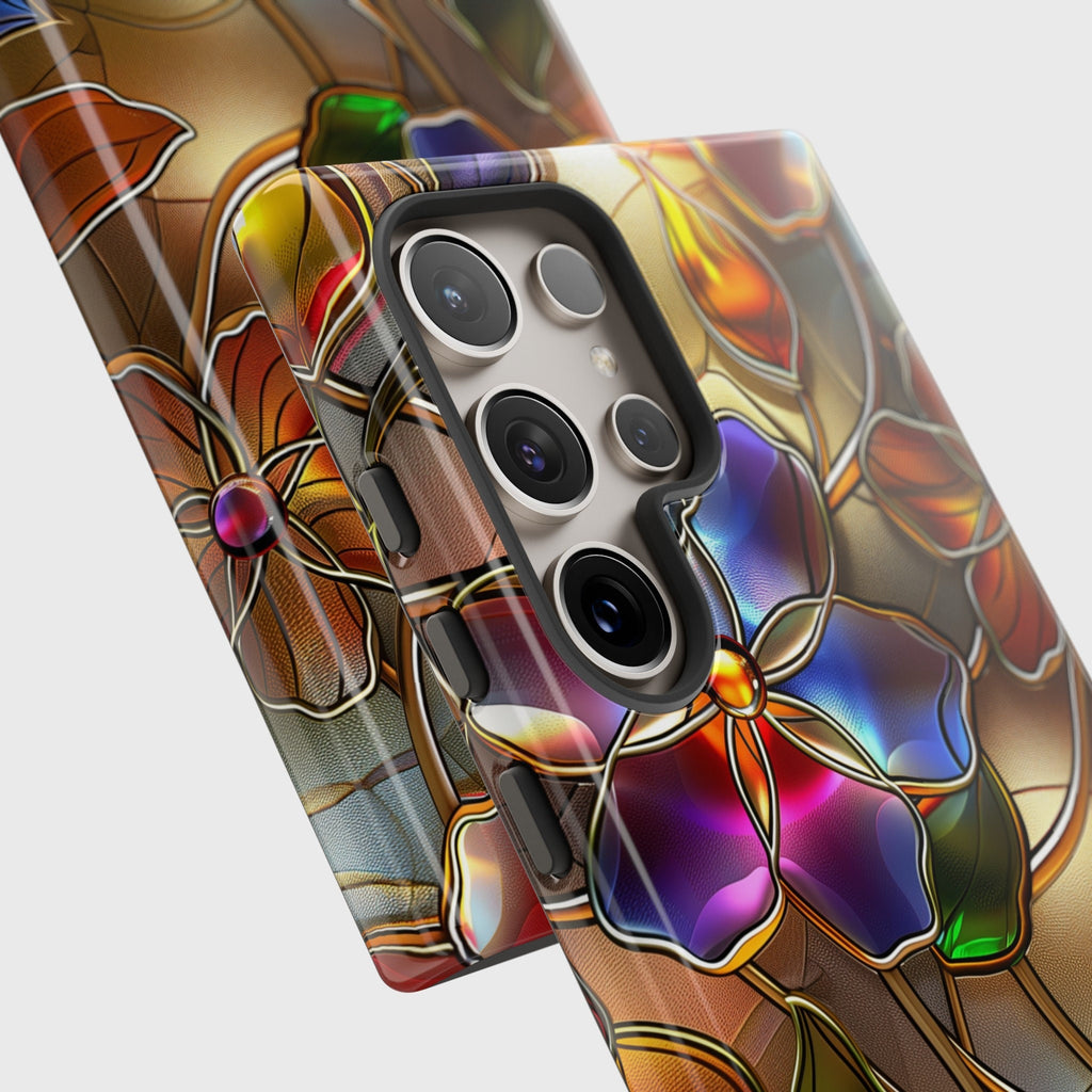 Samsung Phone Case with Gold Wild Flowers Stained Glass Design for Galaxy S24, S23, S22, S21, S20 Plus, Ultra