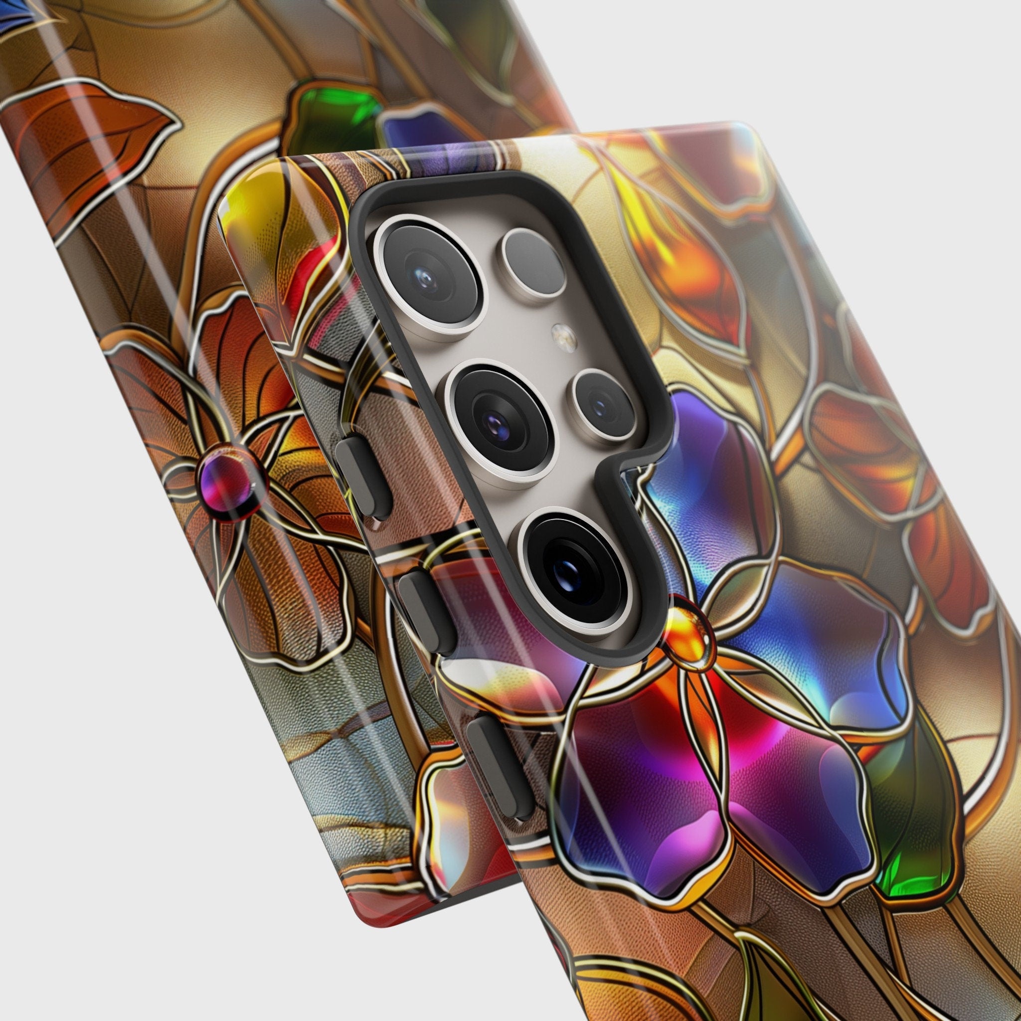 Samsung Phone Case with Gold Wild Flowers Stained Glass Design for Galaxy S24, S23, S22, S21, S20 Plus, Ultra