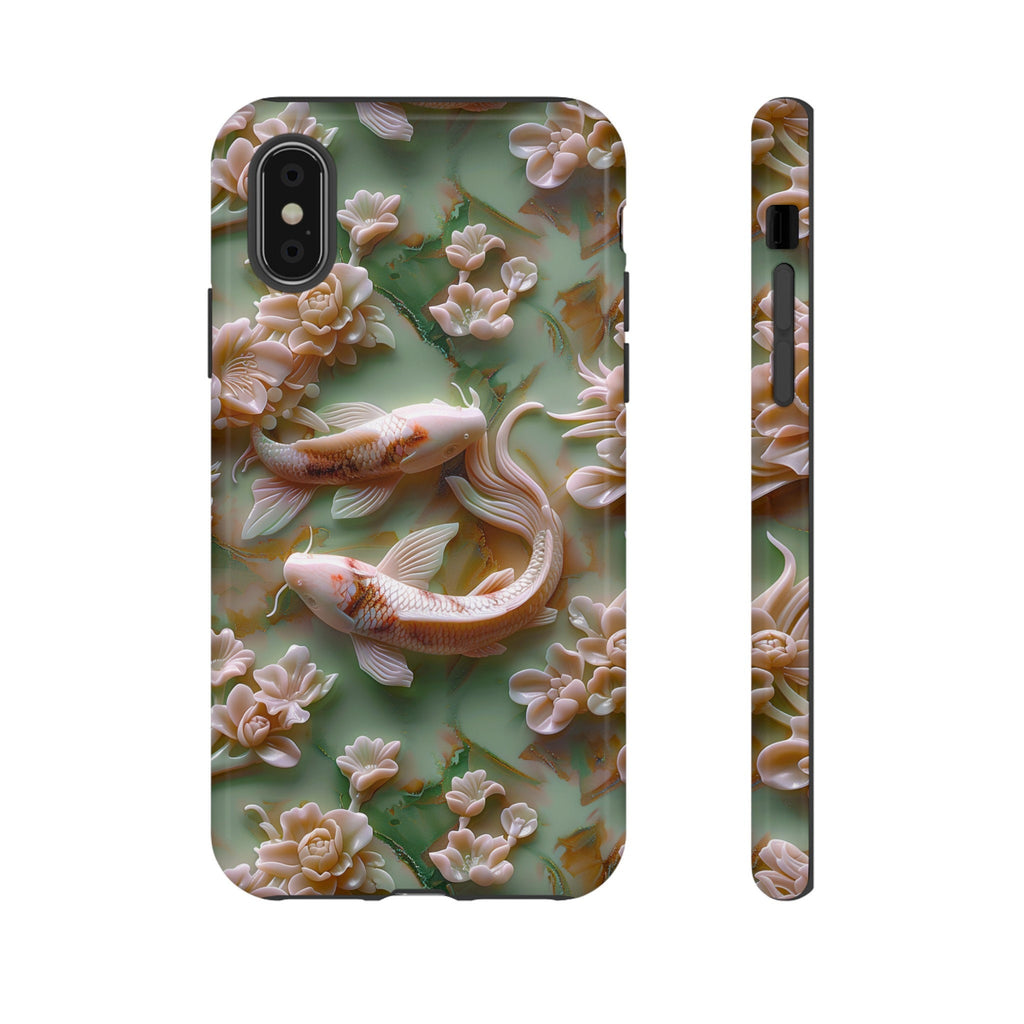 3d Asian Jade Carving Koi Phone Case | Pink Marble Fish Landscape | iPhone 15 14 Pro Max | Google Pixel 8 7 Pro | Samsung Galaxy S24 S22 Ultra