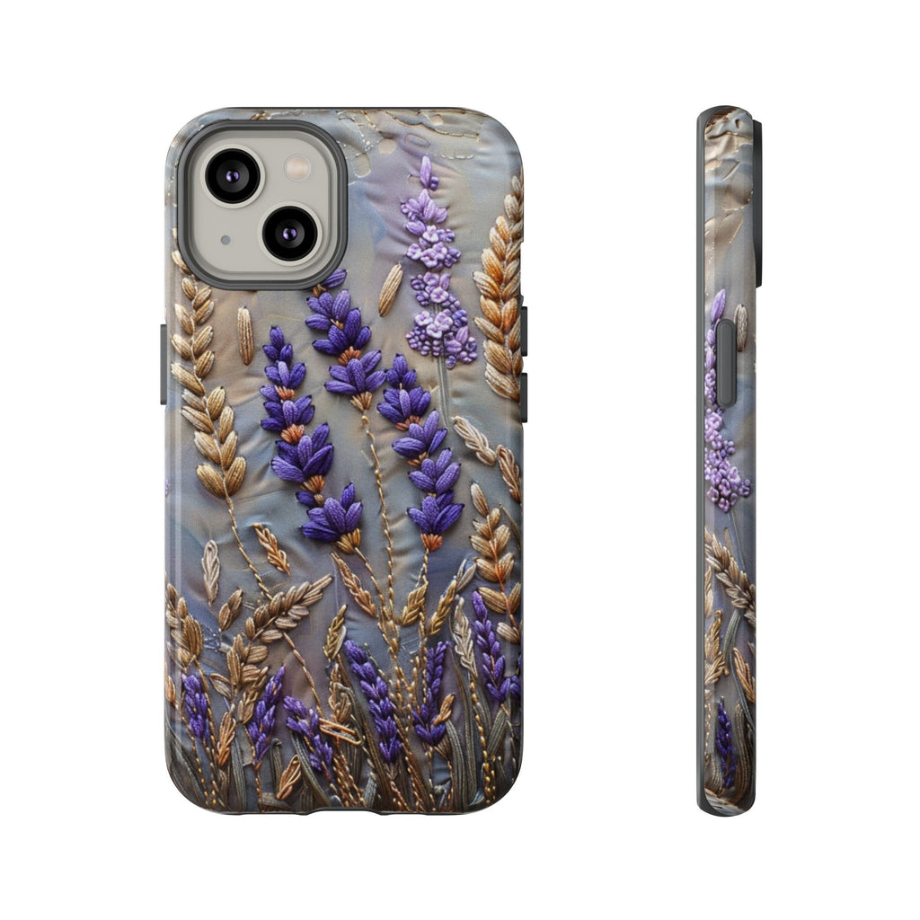 Lavender Flowers Phone Case, Purple Summer Floral Faux Embroidery Phone Cover, iPhone 15 14 13 Pro Max, Pixel 8 7, Samsung S24 S23 Ultra