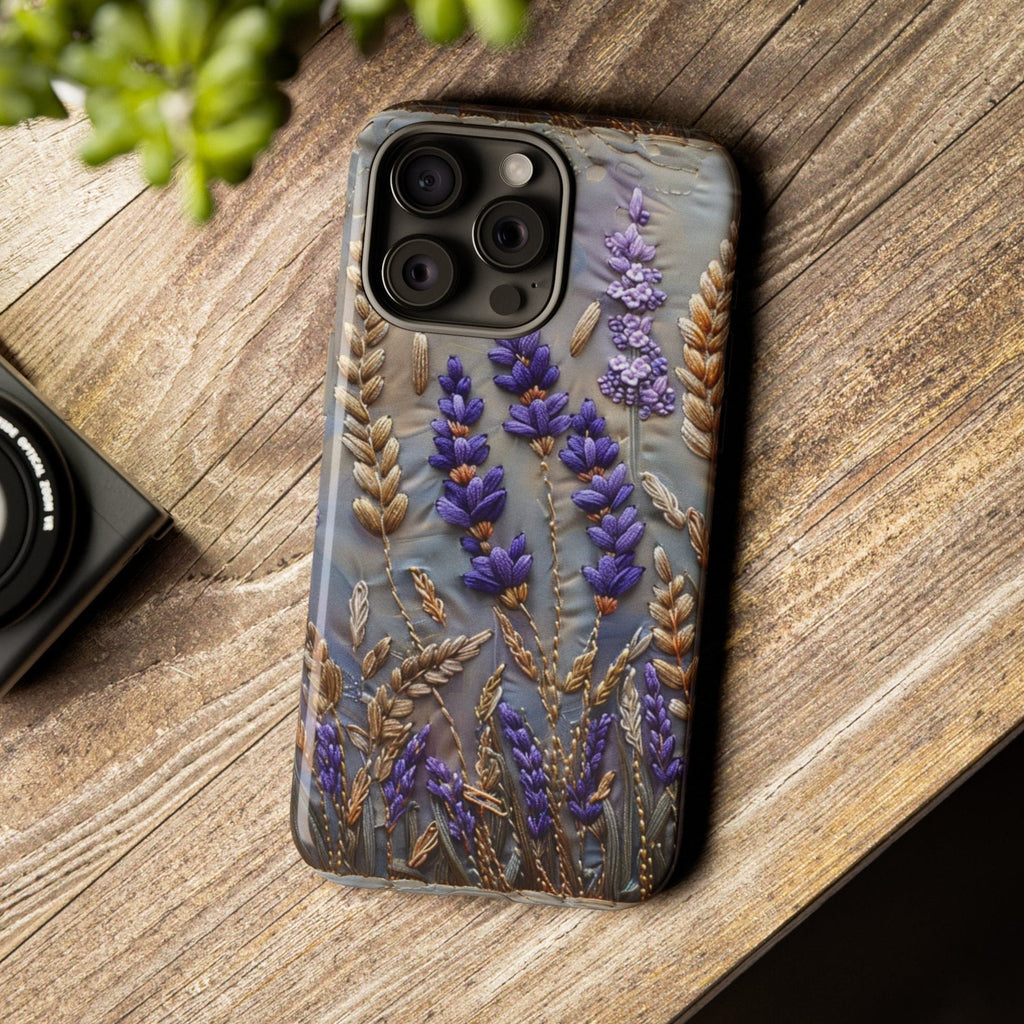 Lavender Flowers Phone Case, Purple Summer Floral Faux Embroidery Phone Cover, iPhone 15 14 13 Pro Max, Pixel 8 7, Samsung S24 S23 Ultra