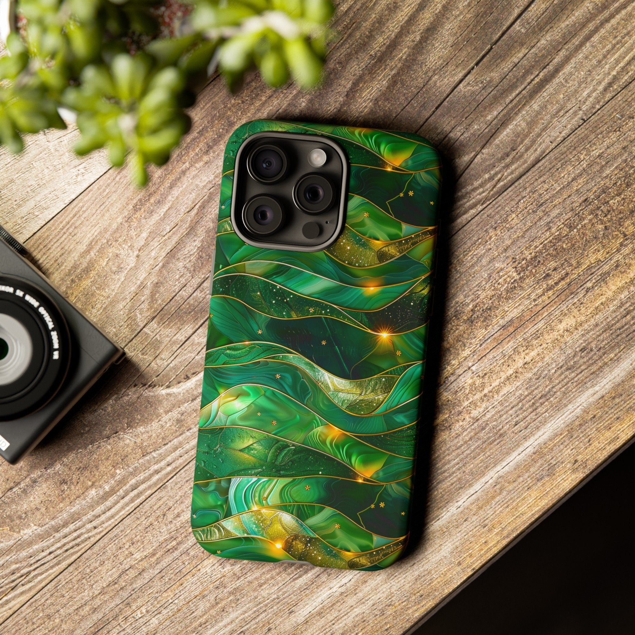 Green Stained Glass Celestial Phone Case | Emerald Gold Faux Stain Glass Stars Phone Cover | iPhone Pro Max | Pixel Pro | Samsung Ultra Plus