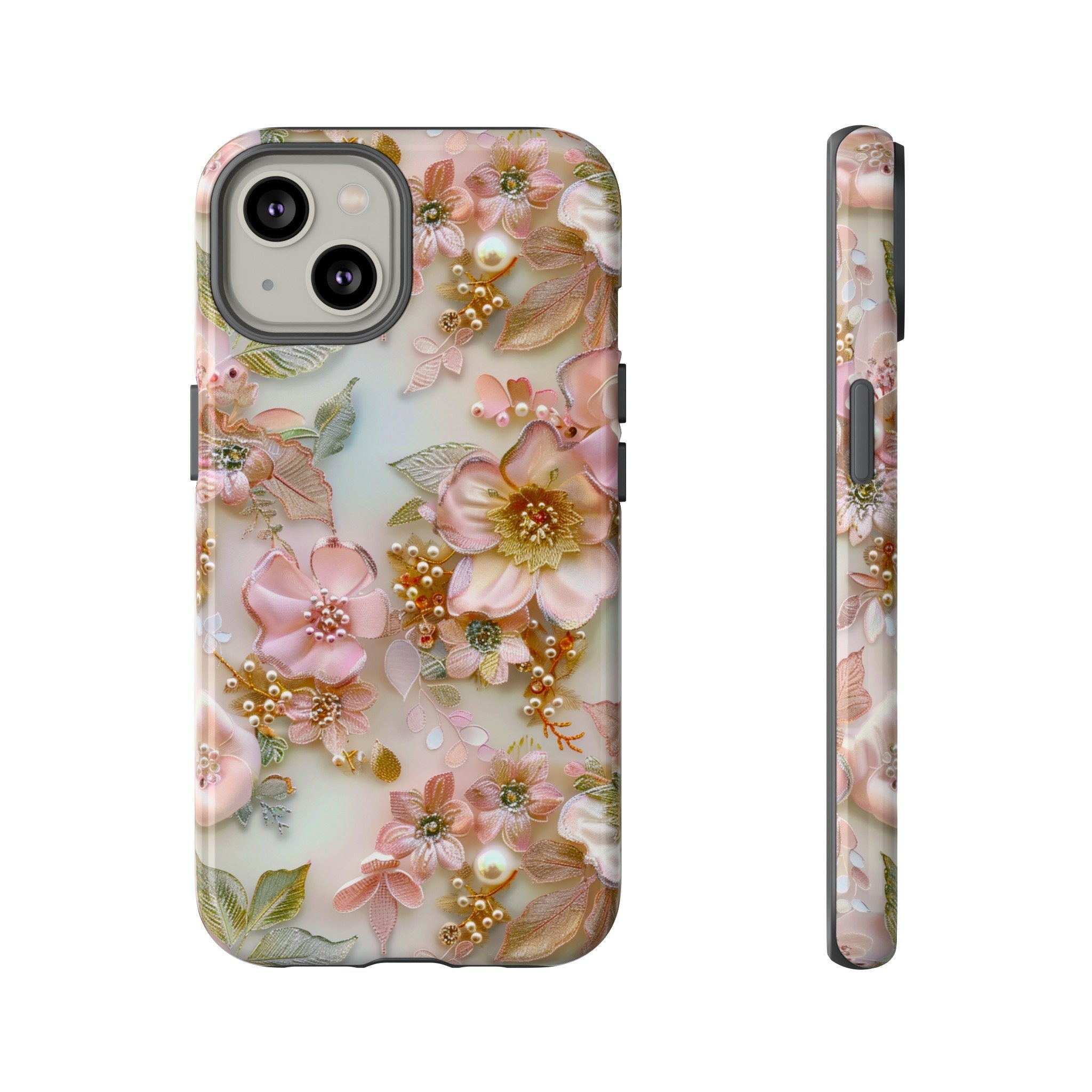 Pink Coquette Floral Lace Collage Phone Case, Faux Embroidered Flowers Pearls Phone Case, iPhone 15 Pro Max, Pixel 8 Pro, Samsung S24 Ultra