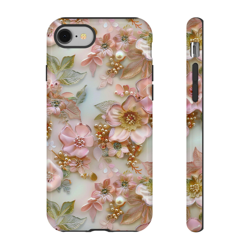 Pink Coquette Floral Lace Collage Phone Case, Faux Embroidered Flowers Pearls Phone Case, iPhone 15 Pro Max, Pixel 8 Pro, Samsung S24 Ultra