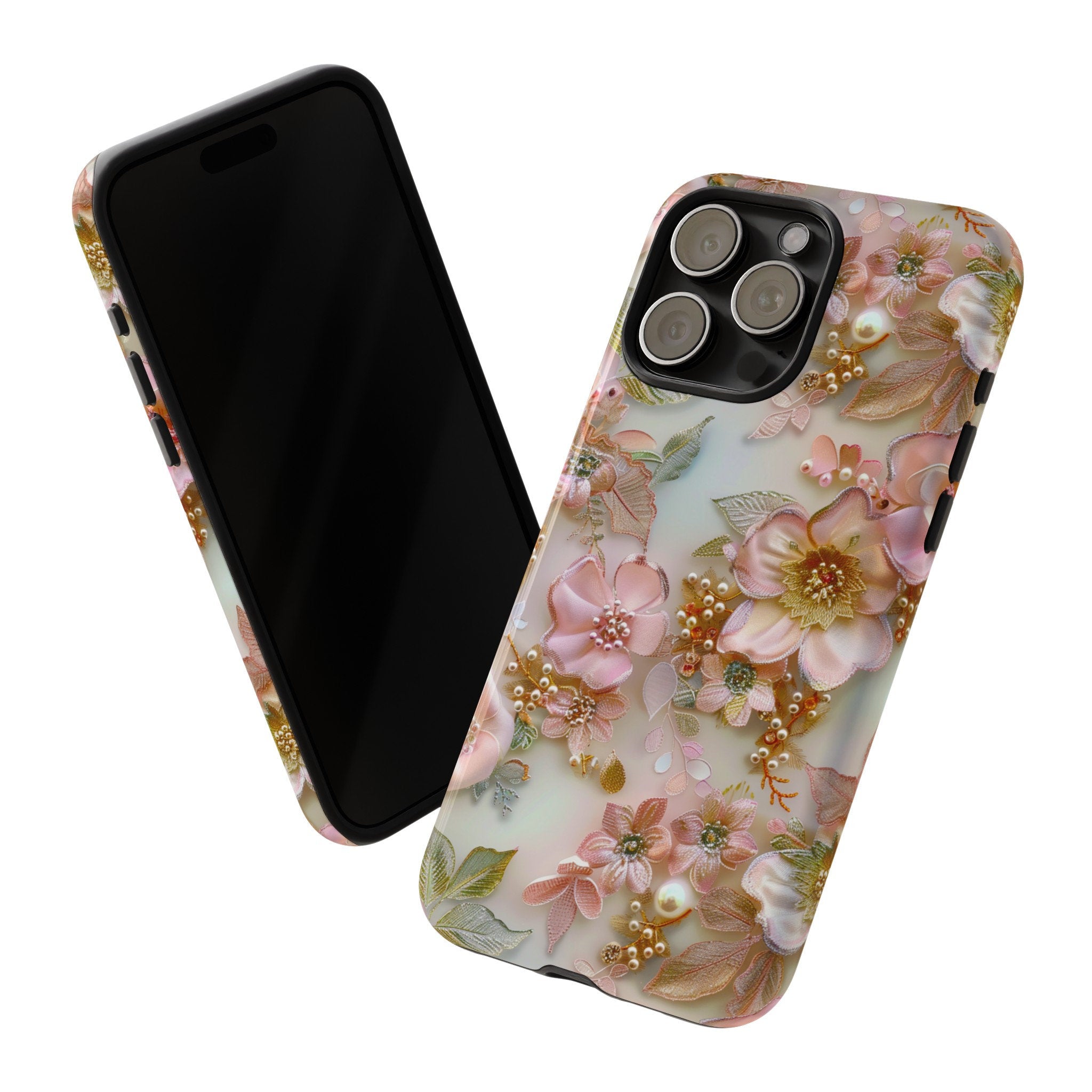 Pink Coquette Floral Lace Collage Phone Case, Faux Embroidered Flowers Pearls Phone Case, iPhone 15 Pro Max, Pixel 8 Pro, Samsung S24 Ultra