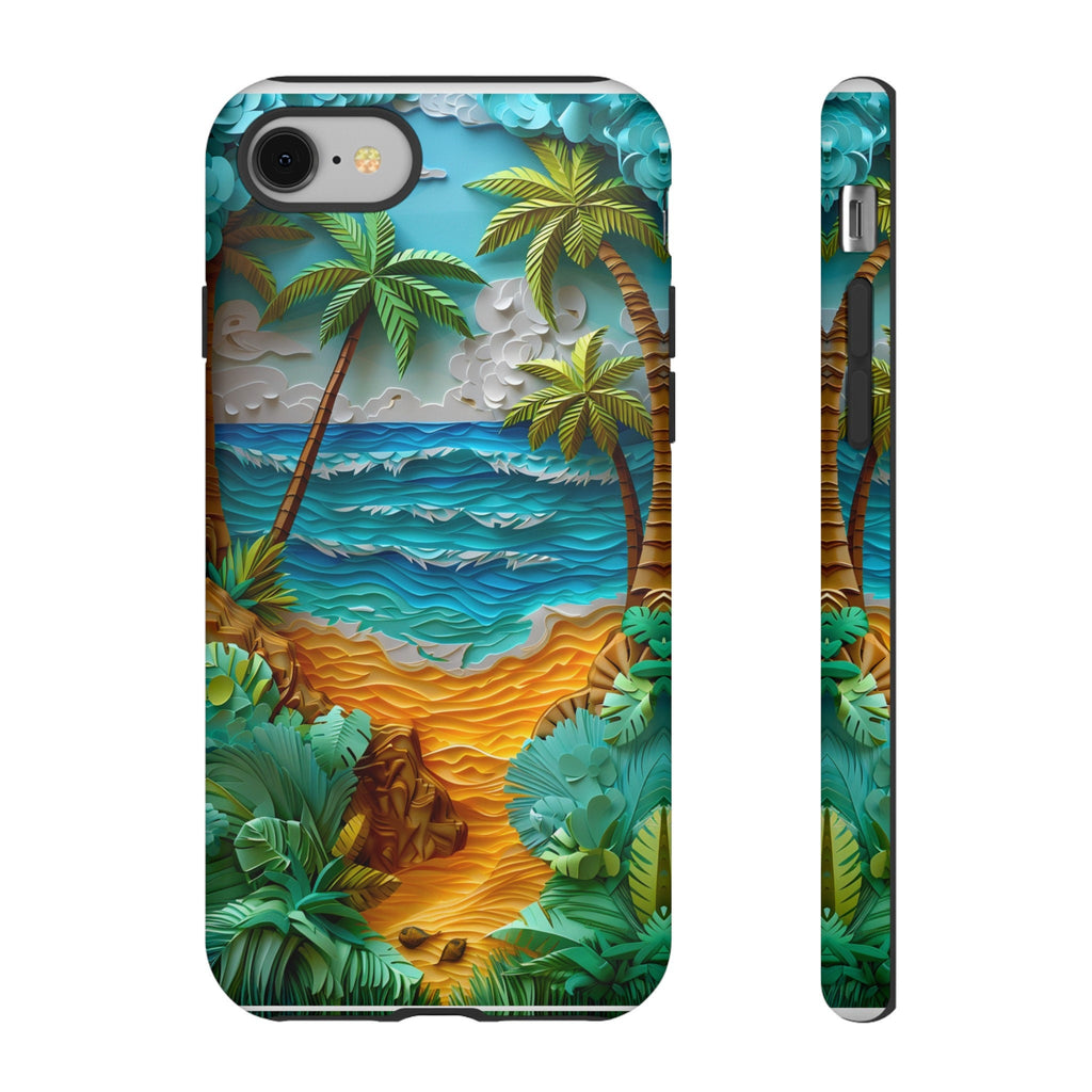 Paper Quilling Sunset Beach Phone Case, Faux Paper Hawaiian Shoreline Wave Design, iPhone 15 14 13 Pro Max, Pixel 8 7, Samsung S24 S23 Ultra