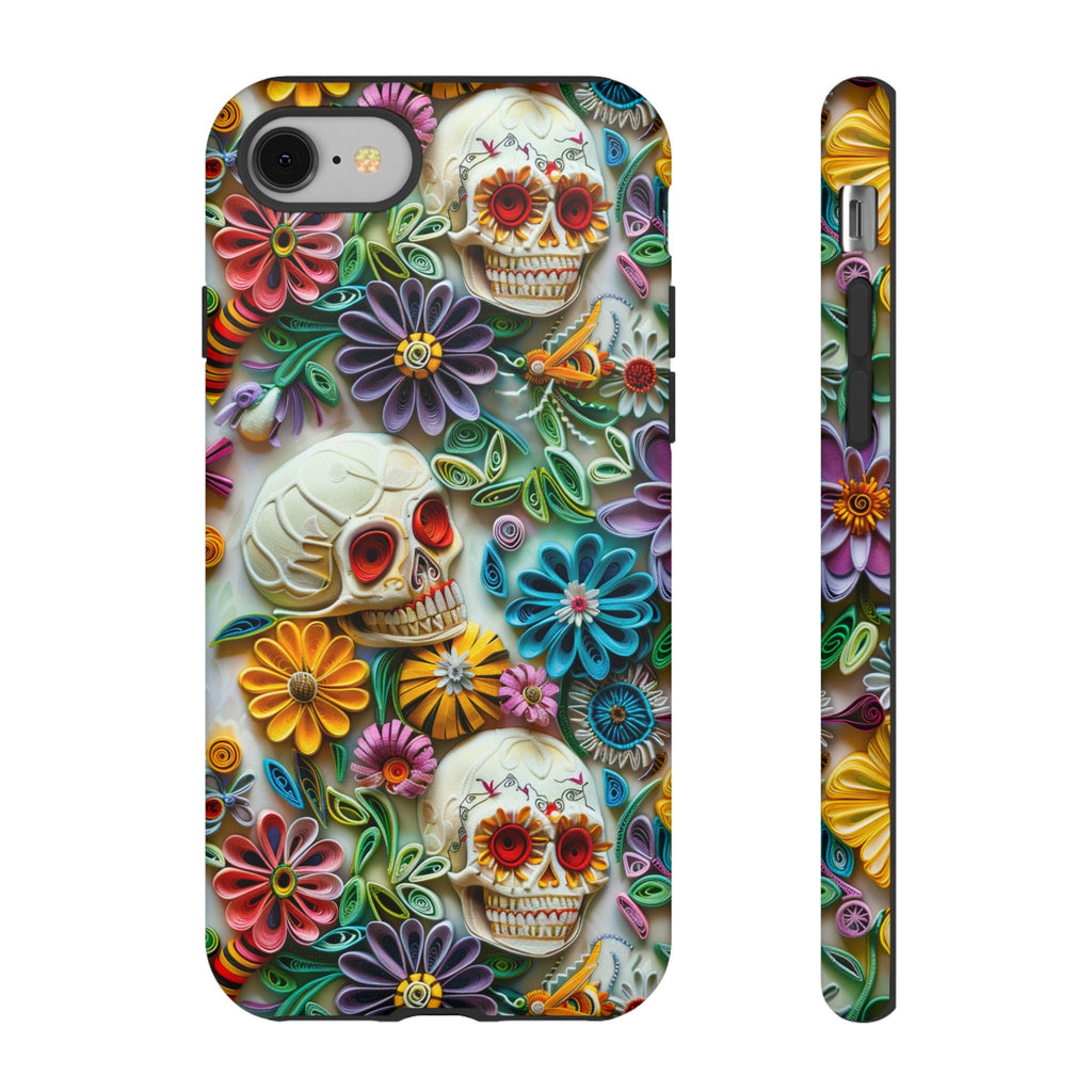 Paper Quilling Floral Skull Phone Case, 3D Faux Paper Gothic Art Design, iPhone 15 14 13 Pro Max Mini, Pixel 8 7, Samsung S24 S23 Plus Ultra