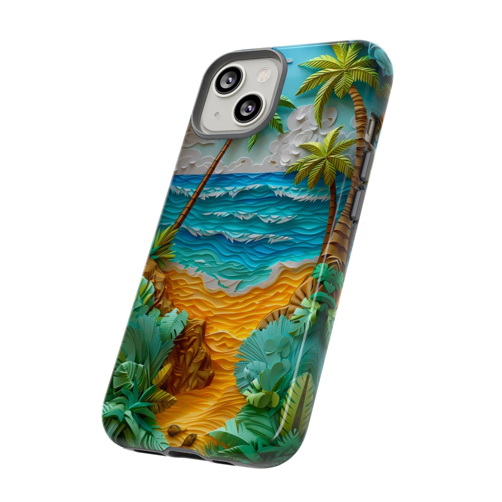 Paper Quilling Sunset Beach Phone Case, Faux Paper Hawaiian Shoreline Wave Design, iPhone 15 14 13 Pro Max, Pixel 8 7, Samsung S24 S23 Ultra