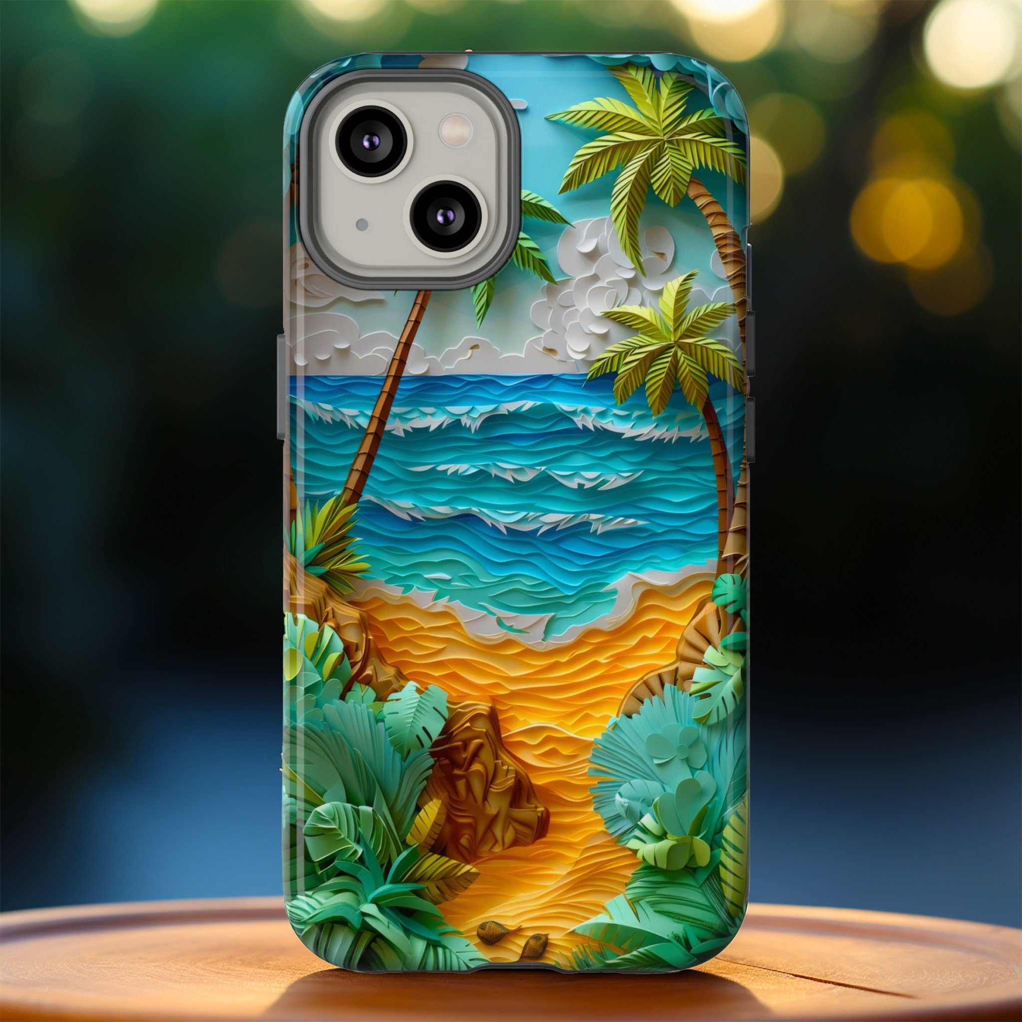Paper Quilling Sunset Beach Phone Case, Faux Paper Hawaiian Shoreline Wave Design, iPhone 15 14 13 Pro Max, Pixel 8 7, Samsung S24 S23 Ultra