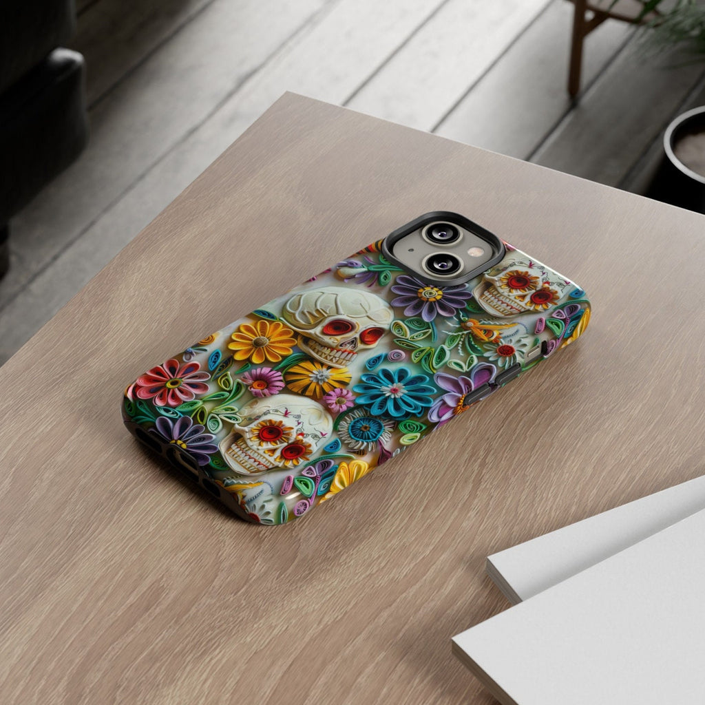 Paper Quilling Floral Skull Phone Case, 3D Faux Paper Gothic Art Design, iPhone 15 14 13 Pro Max Mini, Pixel 8 7, Samsung S24 S23 Plus Ultra