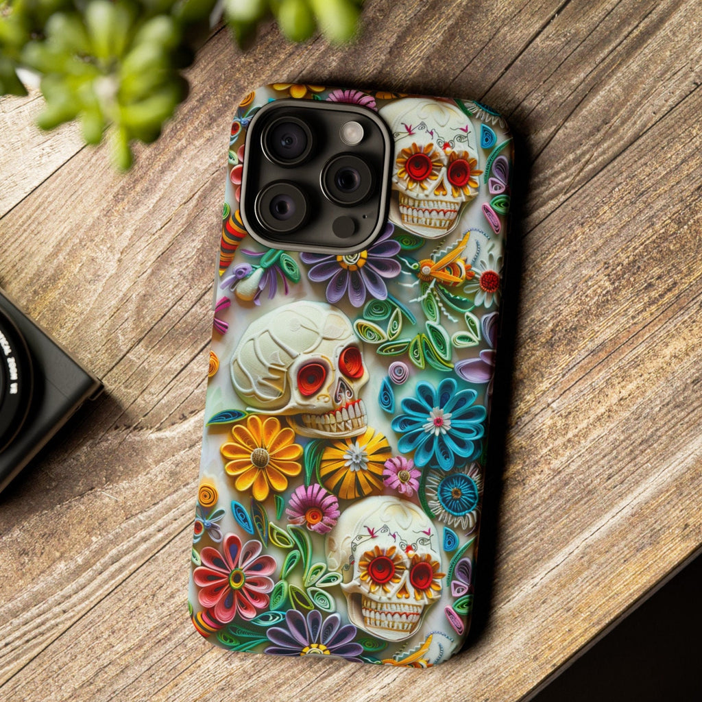 Paper Quilling Floral Skull Phone Case, 3D Faux Paper Gothic Art Design, iPhone 15 14 13 Pro Max Mini, Pixel 8 7, Samsung S24 S23 Plus Ultra
