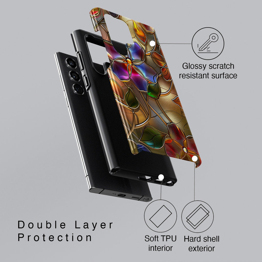 Samsung Phone Case with Gold Wild Flowers Stained Glass Design for Galaxy S24, S23, S22, S21, S20 Plus, Ultra