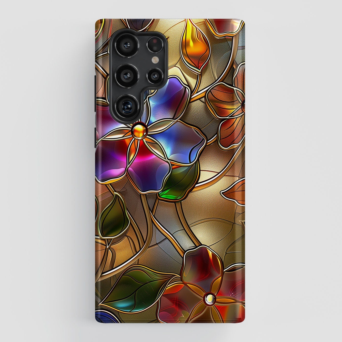 Samsung Phone Case with Gold Wild Flowers Stained Glass Design for Galaxy S24, S23, S22, S21, S20 Plus, Ultra
