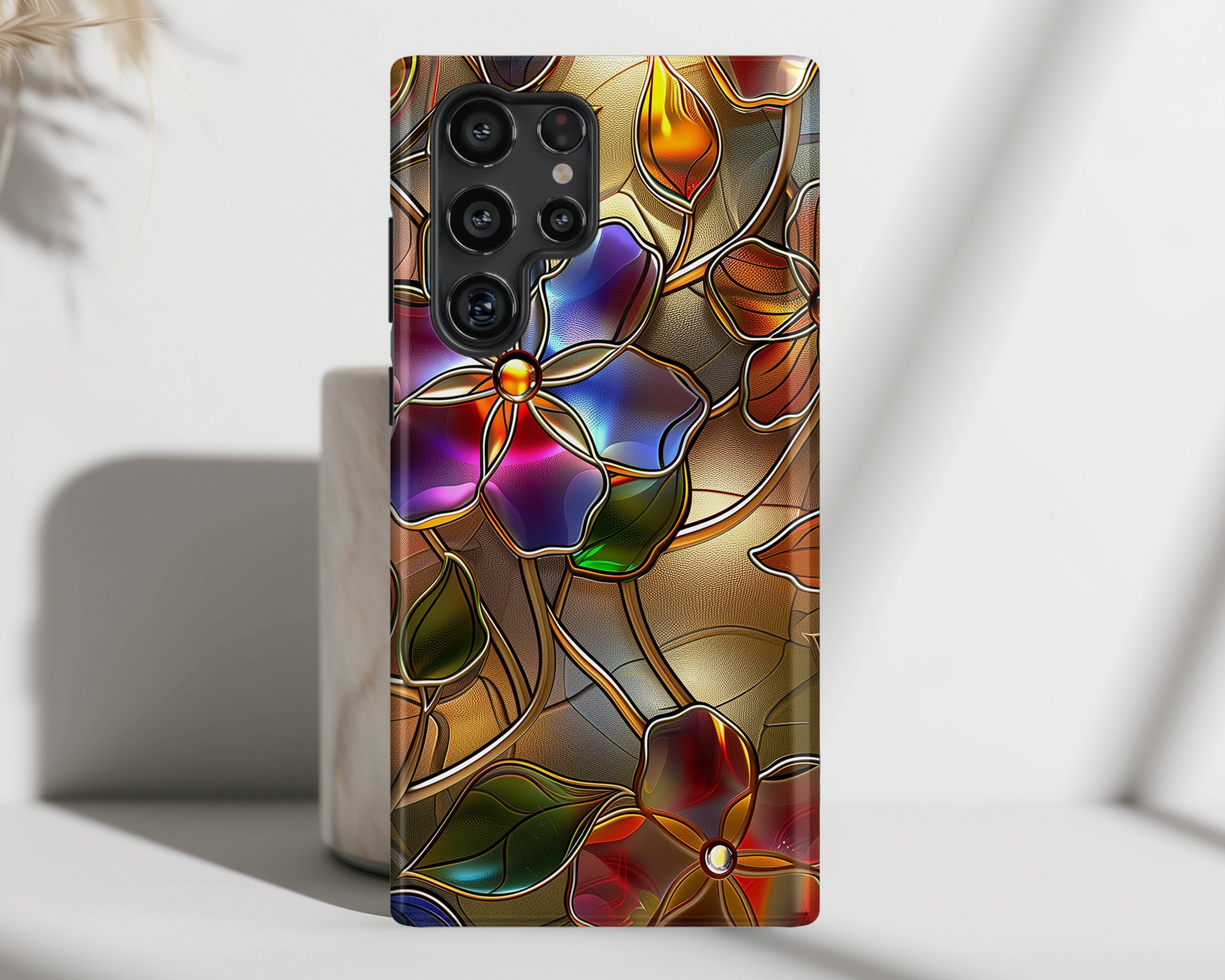 Samsung Phone Case with Gold Wild Flowers Stained Glass Design for Galaxy S24, S23, S22, S21, S20 Plus, Ultra