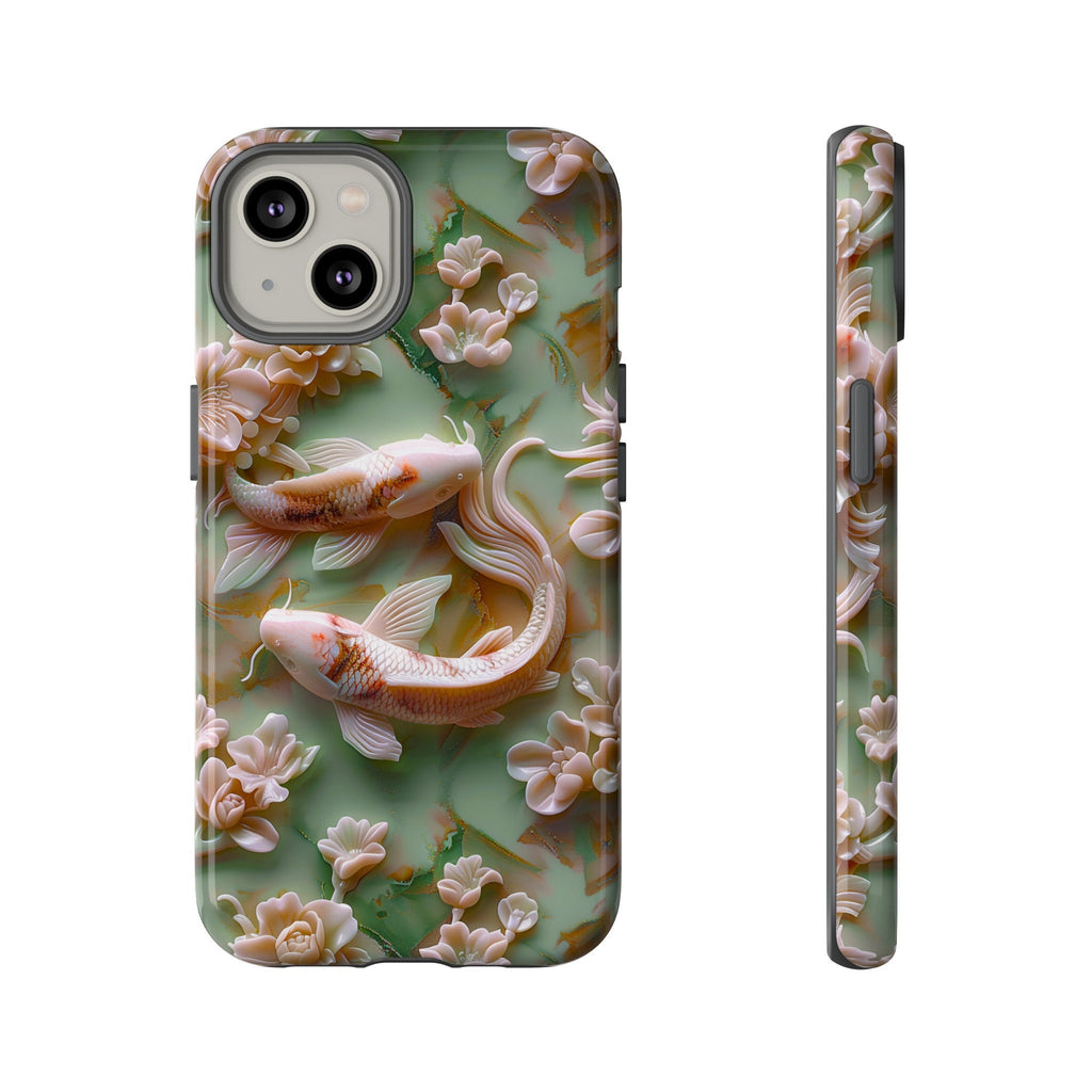 3d Asian Jade Carving Koi Phone Case | Pink Marble Fish Landscape | iPhone 15 14 Pro Max | Google Pixel 8 7 Pro | Samsung Galaxy S24 S22 Ultra
