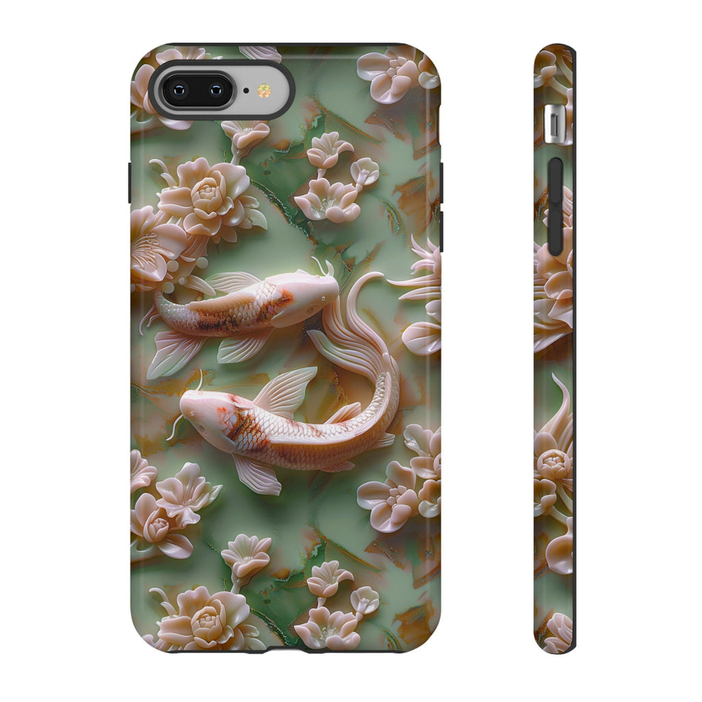 3d Asian Jade Carving Koi Phone Case | Pink Marble Fish Landscape | iPhone 15 14 Pro Max | Google Pixel 8 7 Pro | Samsung Galaxy S24 S22 Ultra