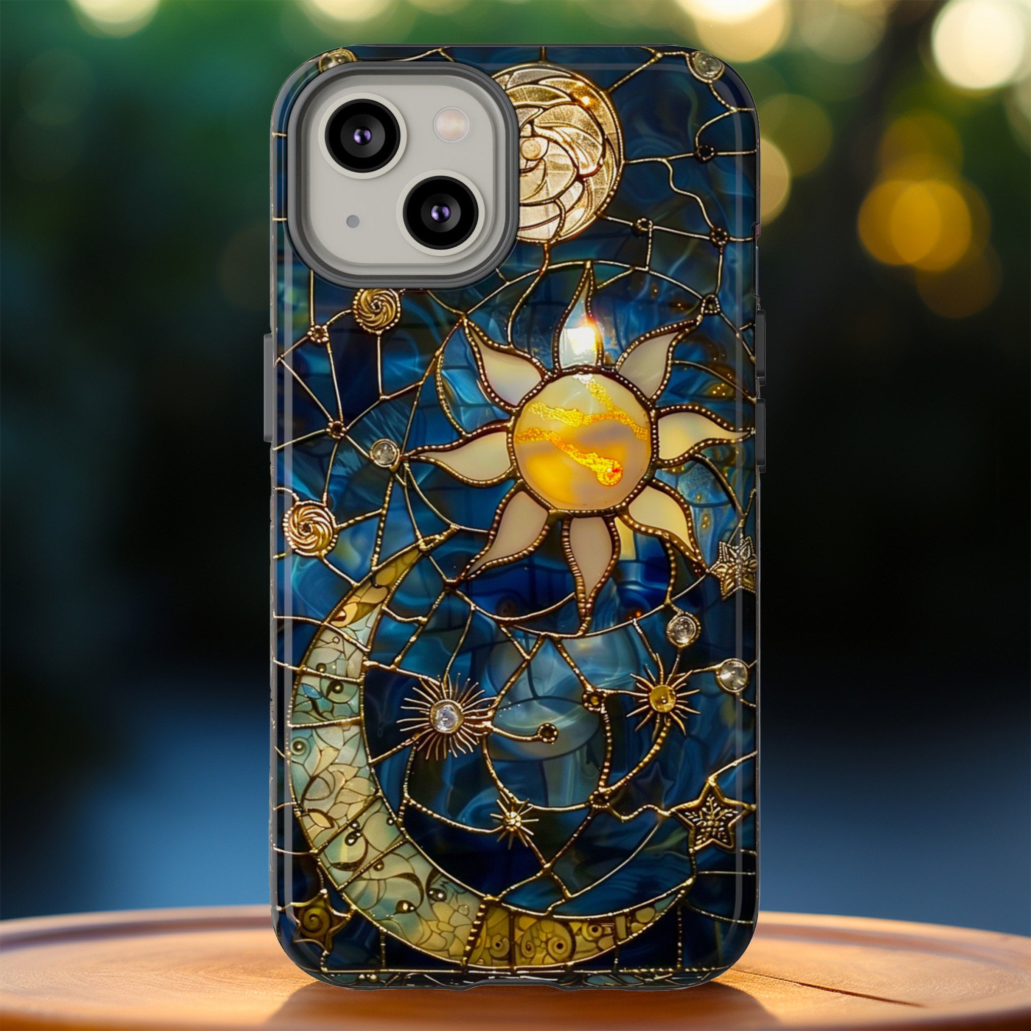 Celestial Stained Glass Moon and Stars Phone Case | Faux Stain Glass Starry Night Sky Design Phone Cover | iPhone 15 | Pixel 8 | Samsung S24