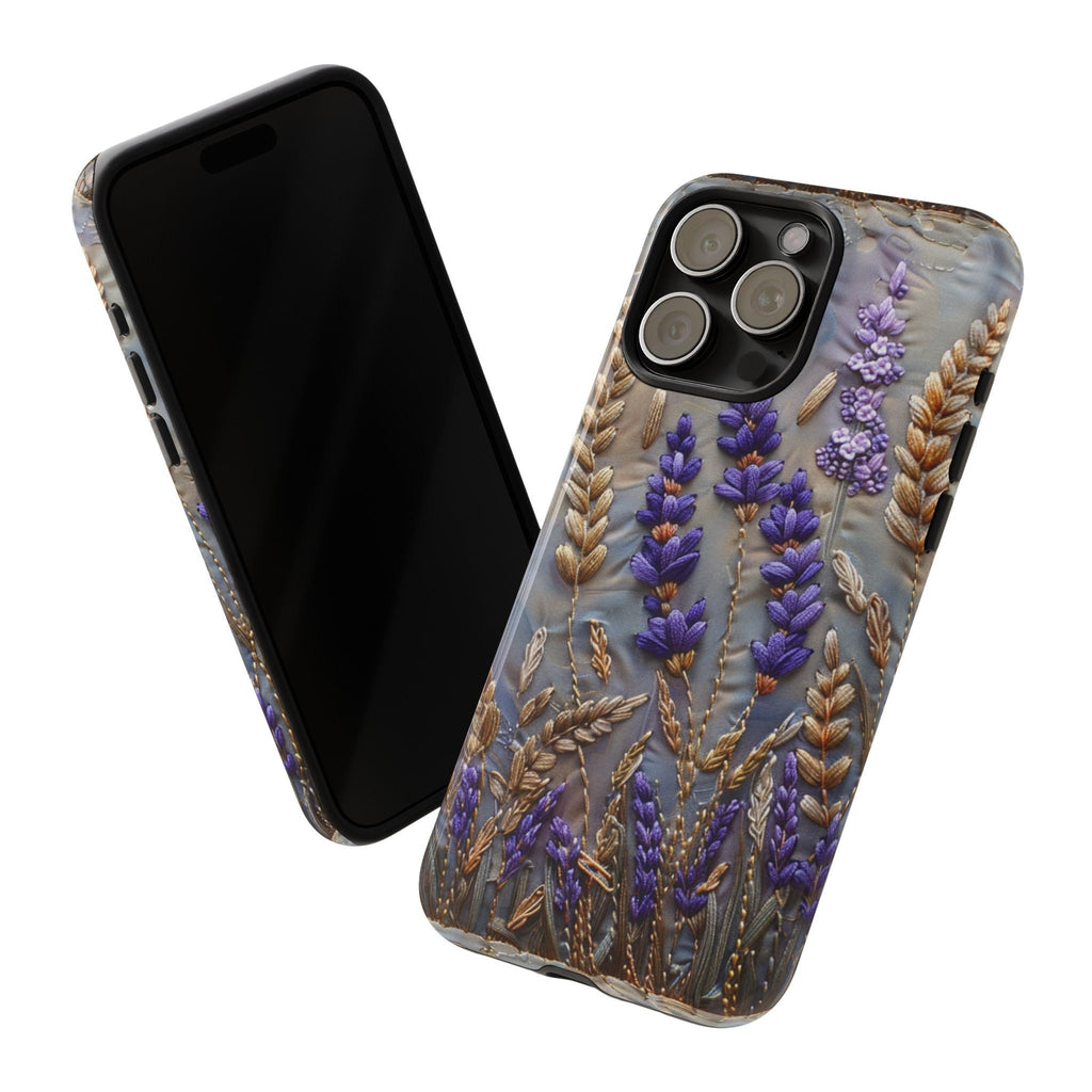 Lavender Flowers Phone Case, Purple Summer Floral Faux Embroidery Phone Cover, iPhone 15 14 13 Pro Max, Pixel 8 7, Samsung S24 S23 Ultra