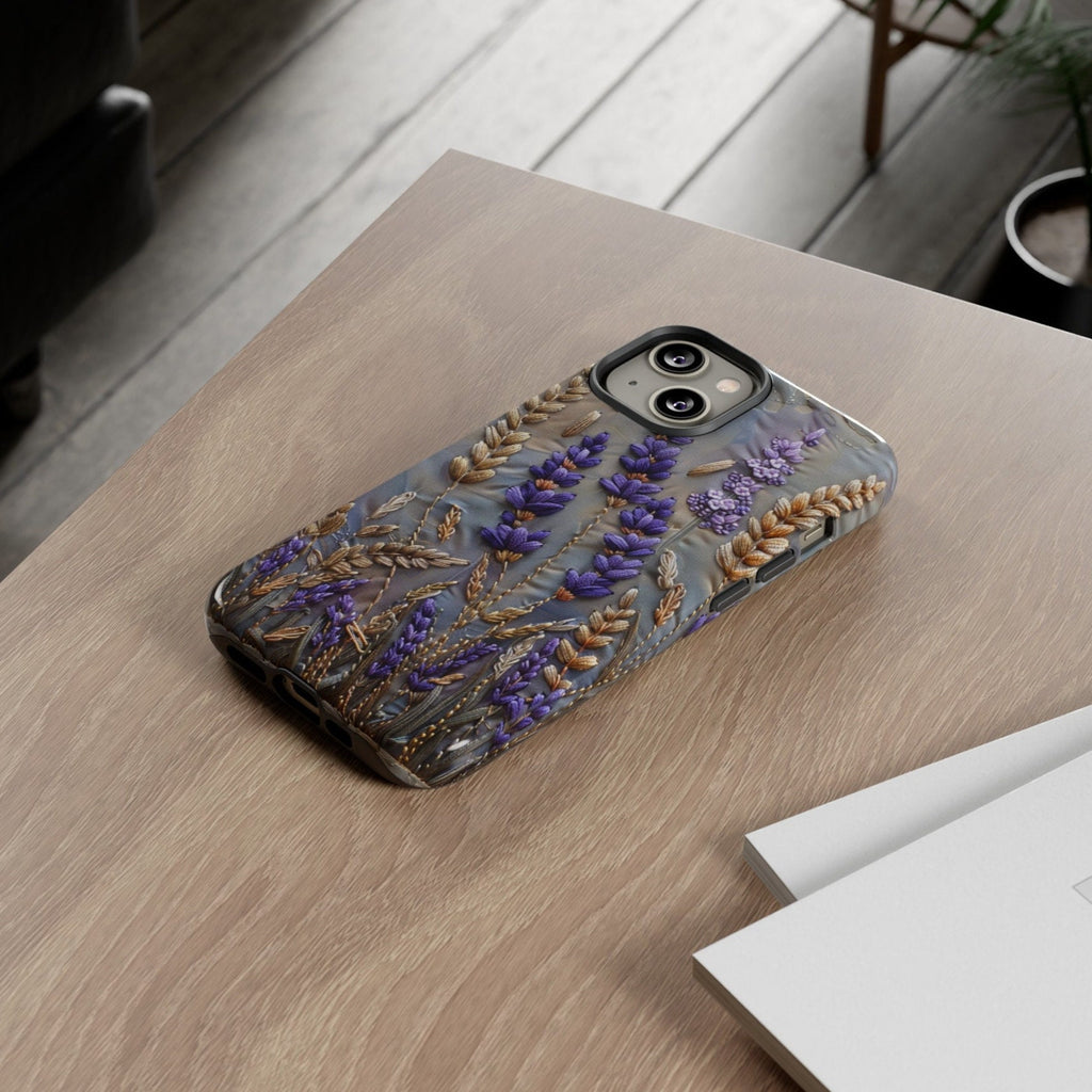 Lavender Flowers Phone Case, Purple Summer Floral Faux Embroidery Phone Cover, iPhone 15 14 13 Pro Max, Pixel 8 7, Samsung S24 S23 Ultra