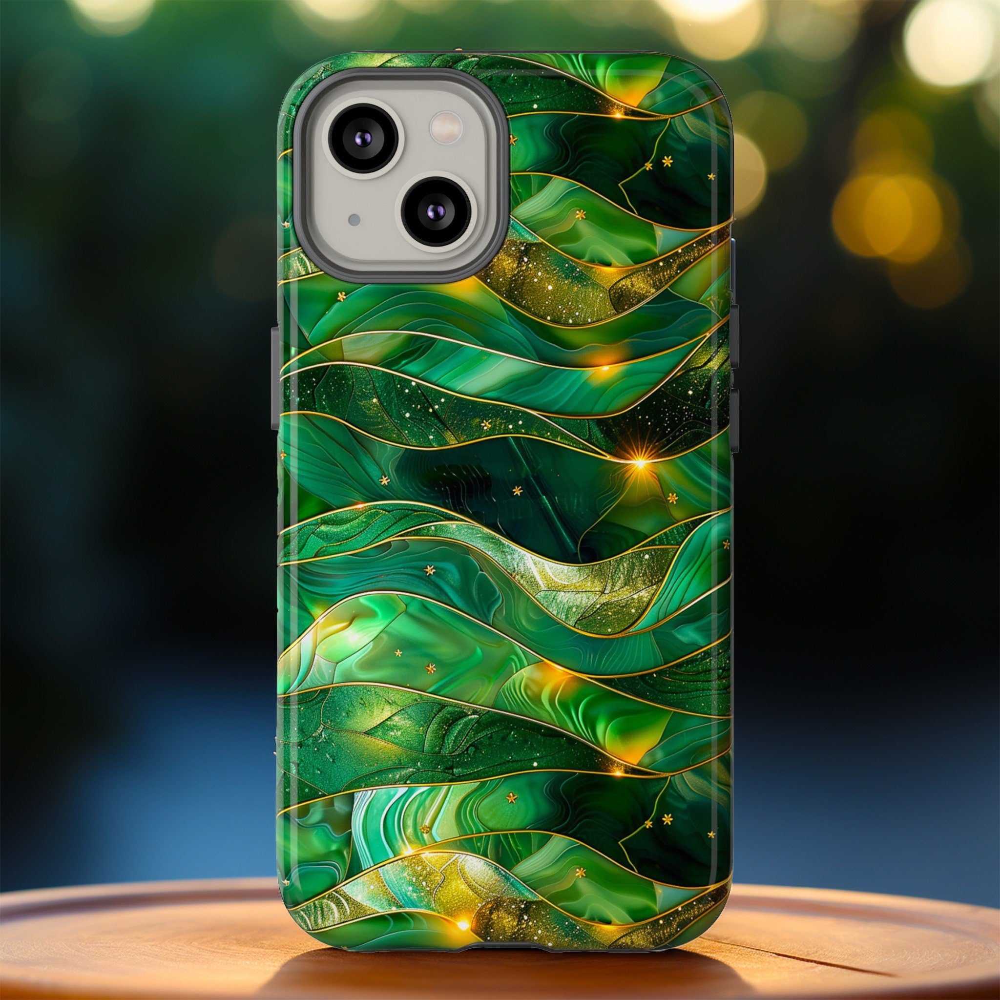 Green Stained Glass Celestial Phone Case | Emerald Gold Faux Stain Glass Stars Phone Cover | iPhone Pro Max | Pixel Pro | Samsung Ultra Plus