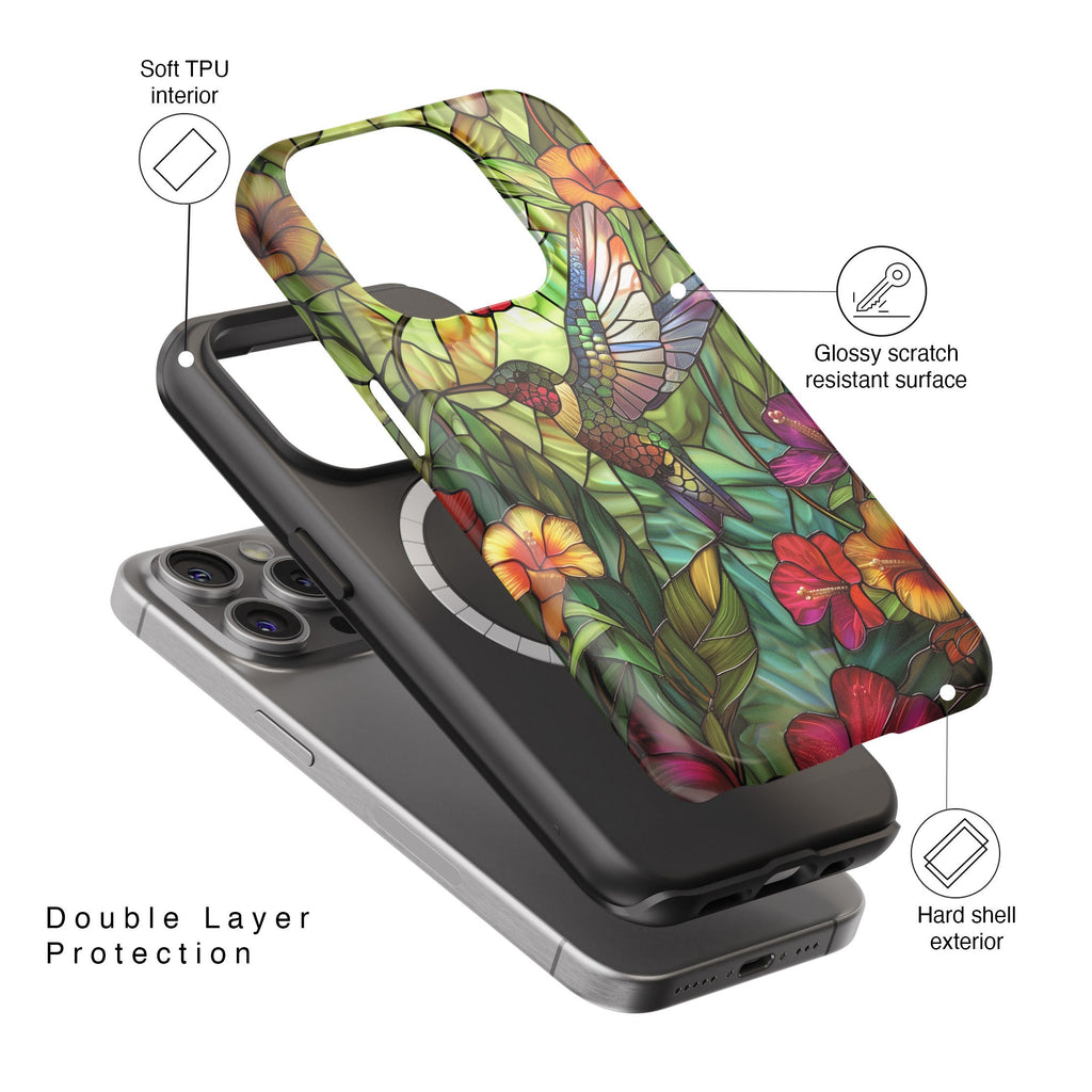 iPhone Case with Colourful Hummingbird Stained Glass Design • Magsafe Phone Case • For iPhone 15, 14, 13, 12, 11, XR, XS, Pro, Max, Mini