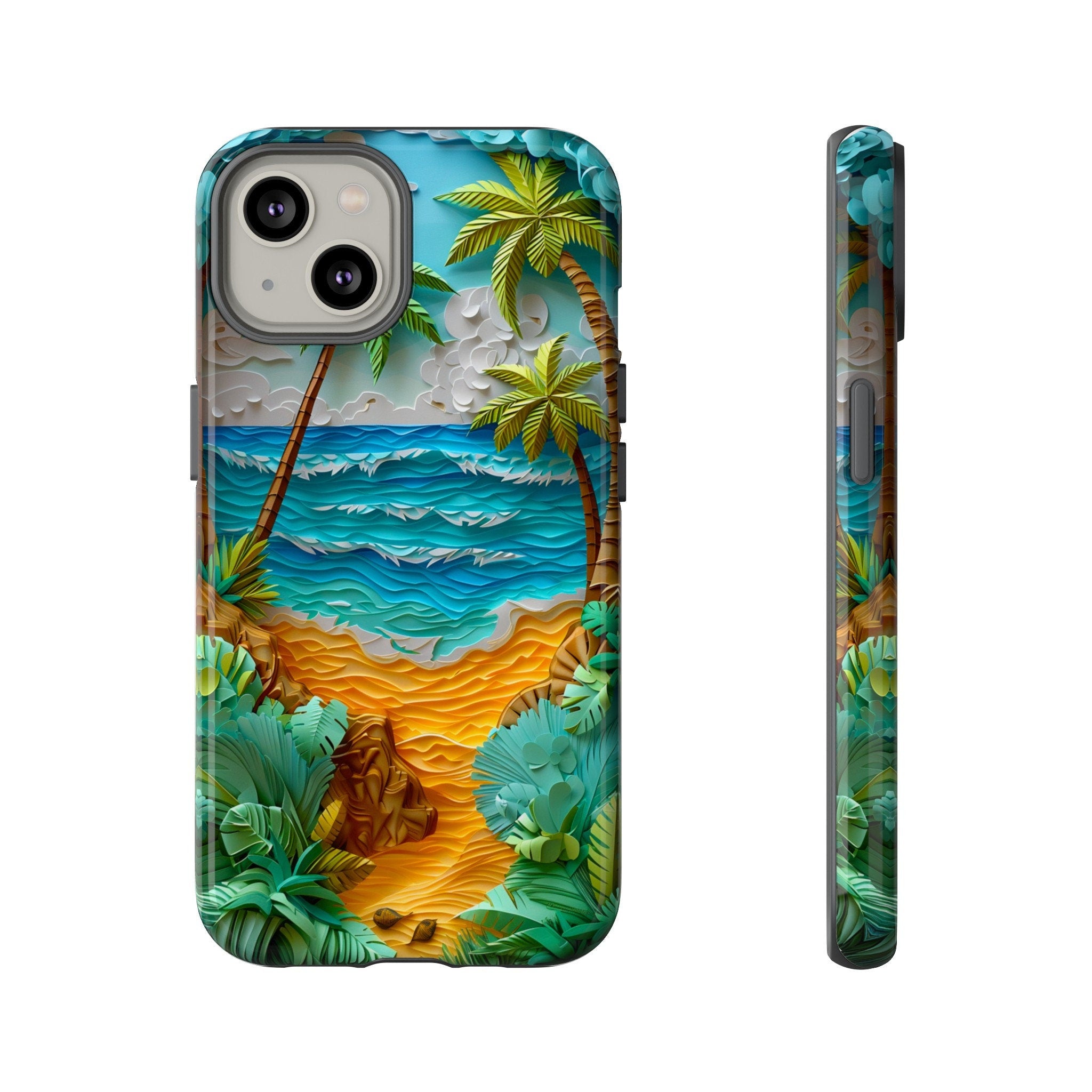 Paper Quilling Sunset Beach Phone Case, Faux Paper Hawaiian Shoreline Wave Design, iPhone 15 14 13 Pro Max, Pixel 8 7, Samsung S24 S23 Ultra