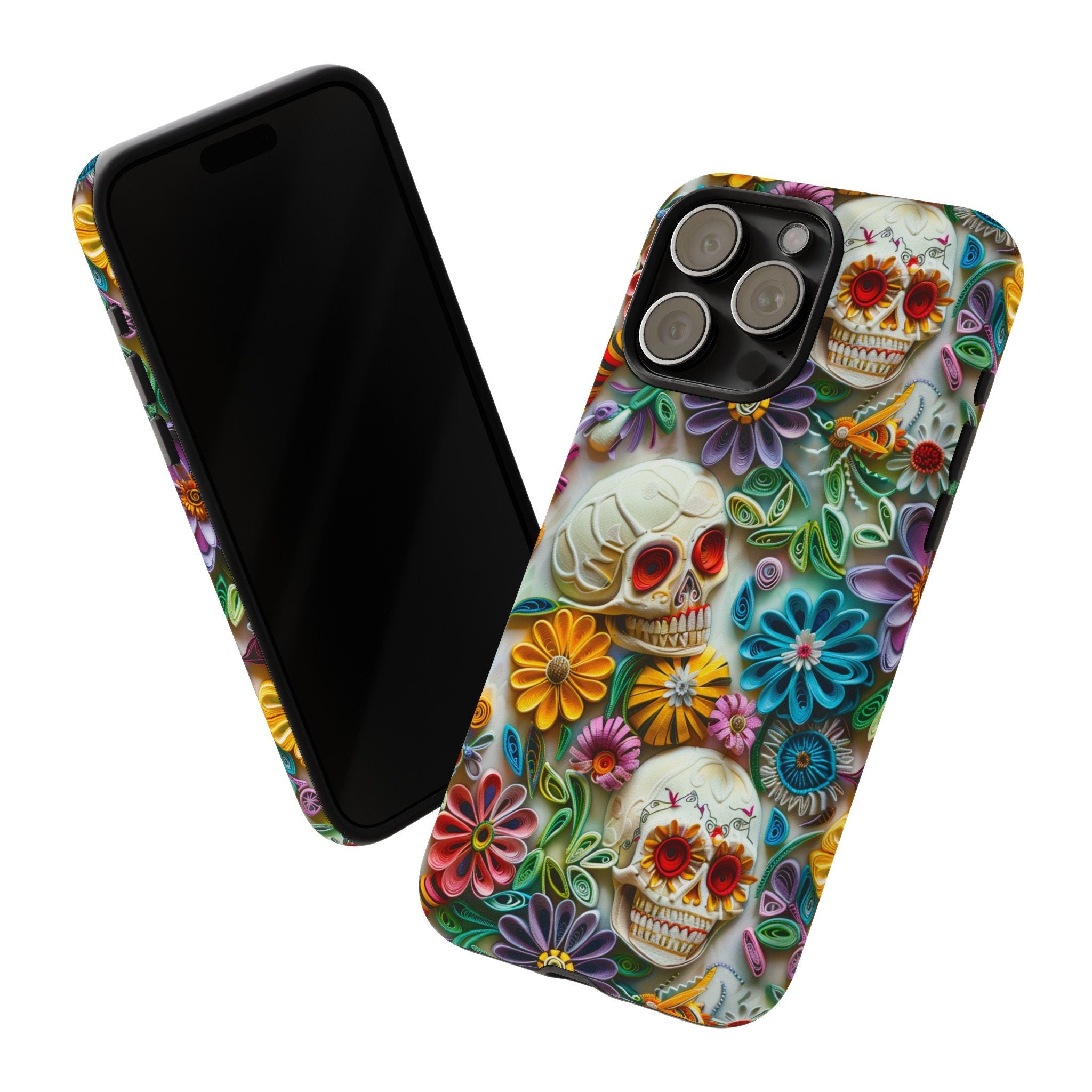 Paper Quilling Floral Skull Phone Case, 3D Faux Paper Gothic Art Design, iPhone 15 14 13 Pro Max Mini, Pixel 8 7, Samsung S24 S23 Plus Ultra