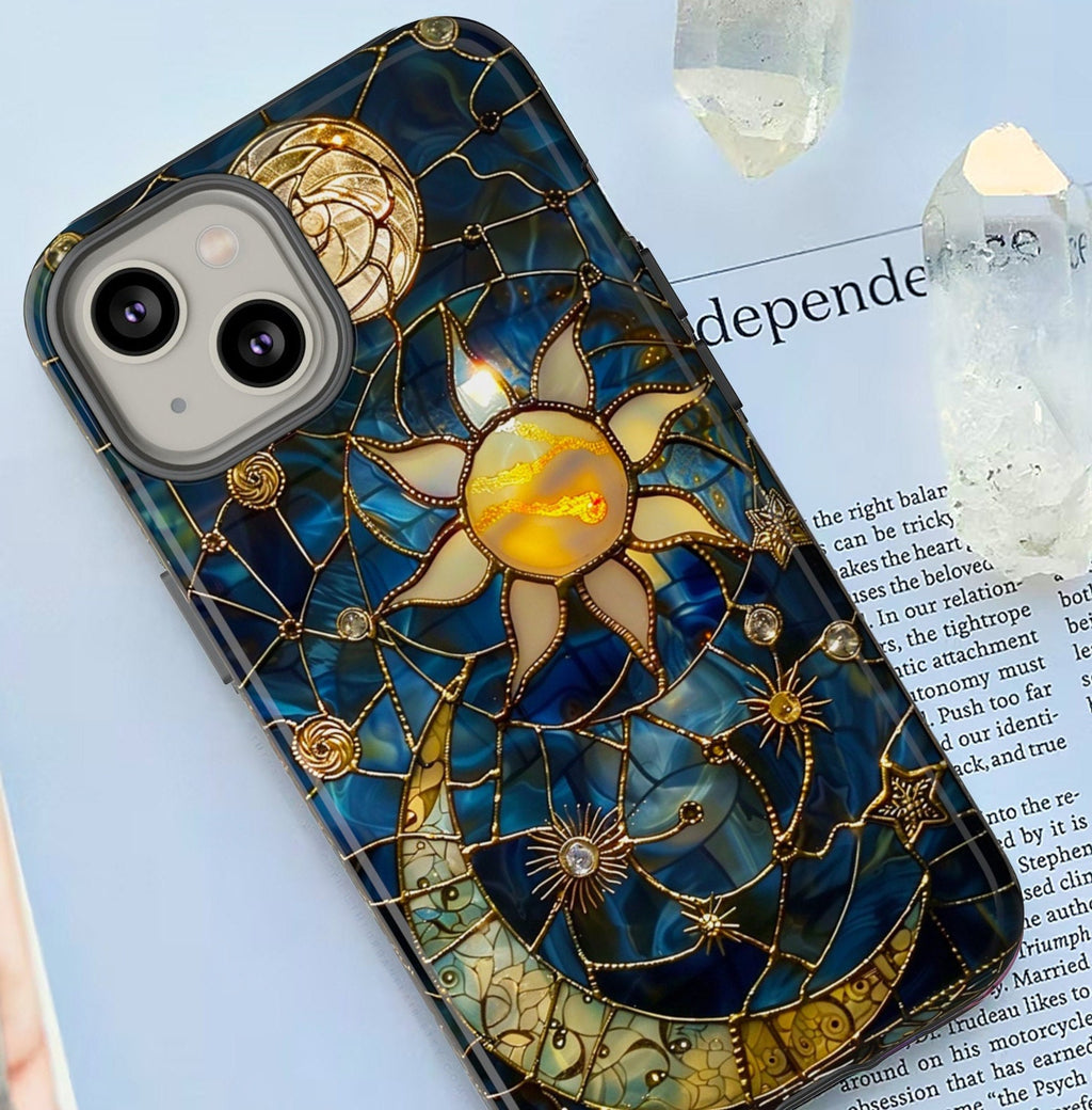 Celestial Stained Glass Moon and Stars Phone Case | Faux Stain Glass Starry Night Sky Design Phone Cover | iPhone 15 | Pixel 8 | Samsung S24