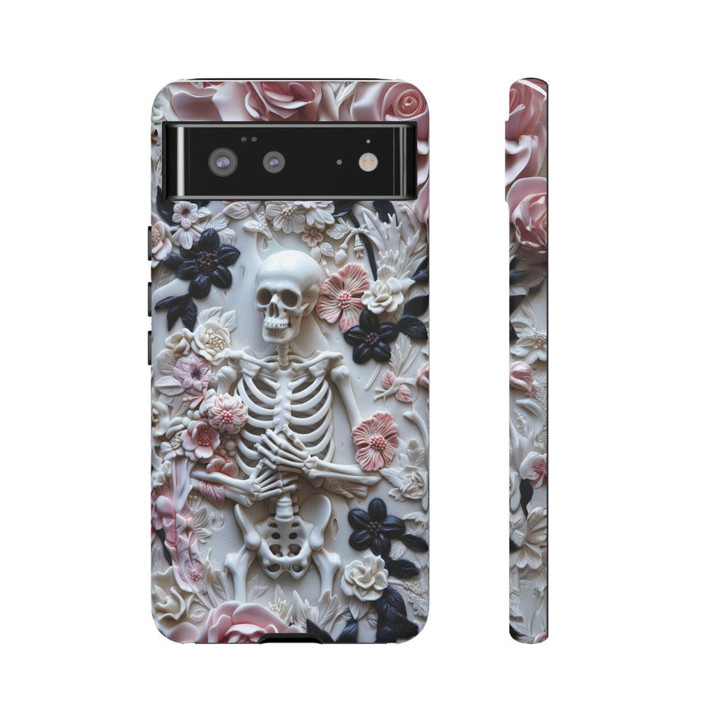 Whimsigoth Skeleton Phone Case, 3D Effect Pink and Black Floral Skeleton, Cute and Spooky Halloween Phone Case, iPhone, Samsung, Pixel