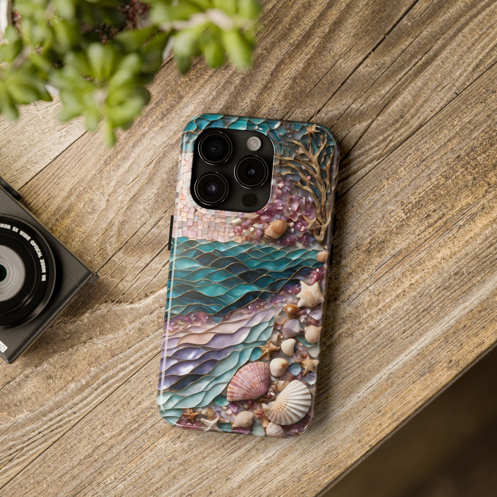 Seashells mosaic Stained Glass Effect Phone Case, pink gold teal beach printed case for iPhone and Samsung, phone gifts for her