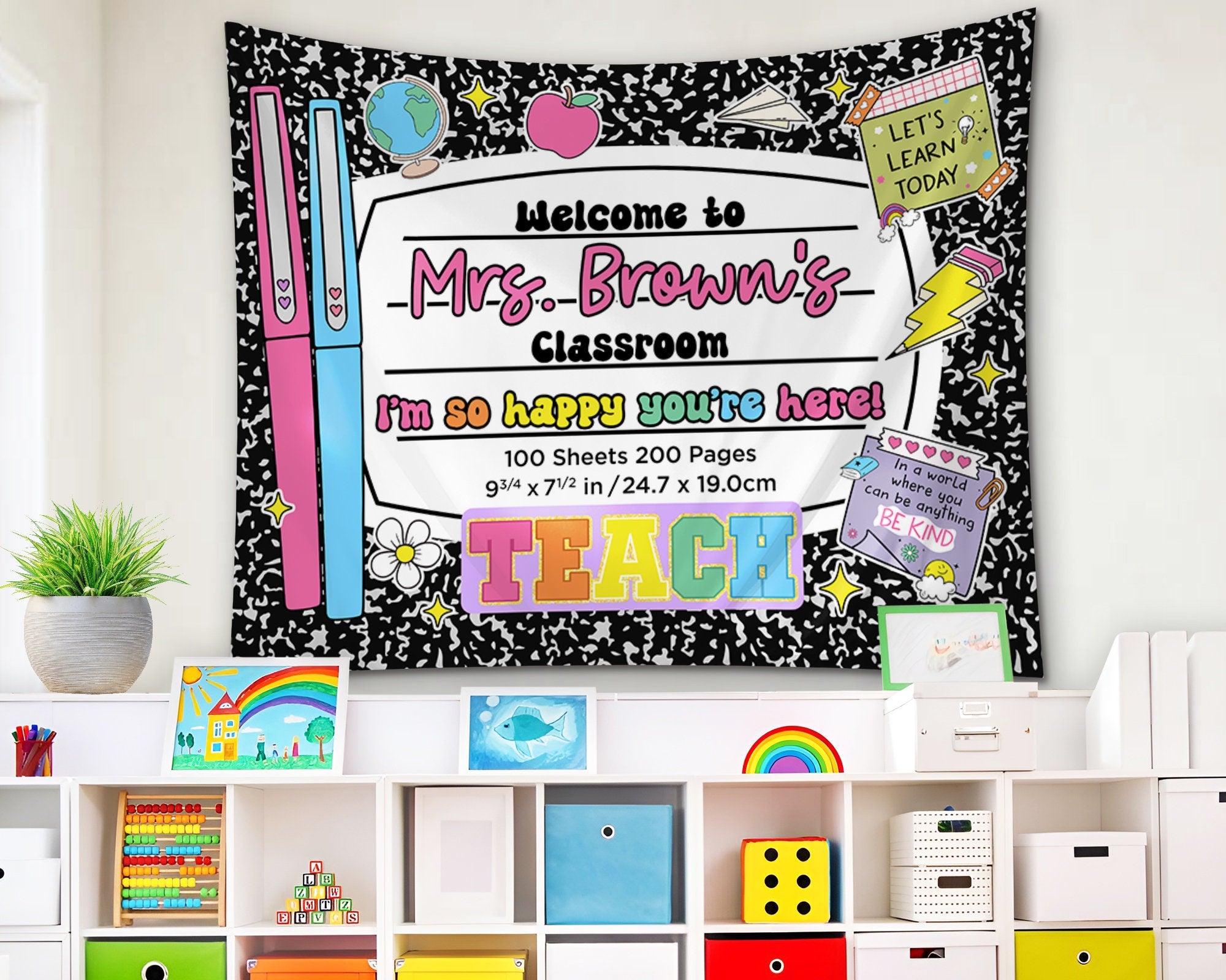 Groovy Classroom Decor, Personalized Classroom Composition Notebook Tapestry, Gift for Teacher, Classroom Banner, Teacher Name Class Banner