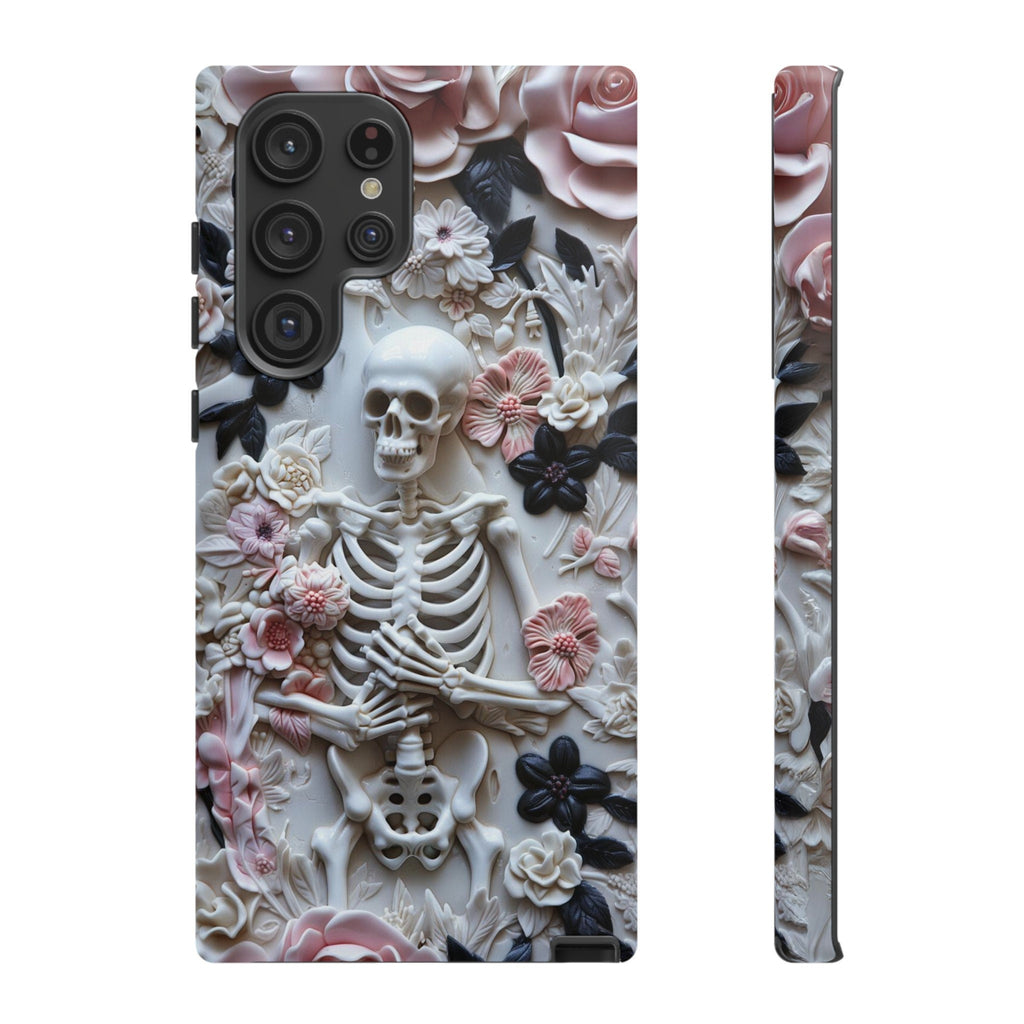 Whimsigoth Skeleton Phone Case, 3D Effect Pink and Black Floral Skeleton, Cute and Spooky Halloween Phone Case, iPhone, Samsung, Pixel