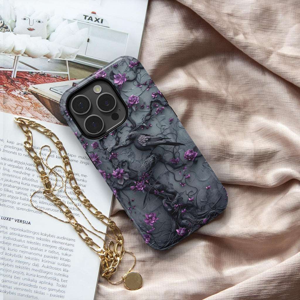 Goth Gothic Dark Spooky Raven Crow Phone Case Witchy Purple Tree Flower iPhone 15 14 13 12 11 8 Pro Max X XS XR Pixel Samsung S23 S24+ Gift