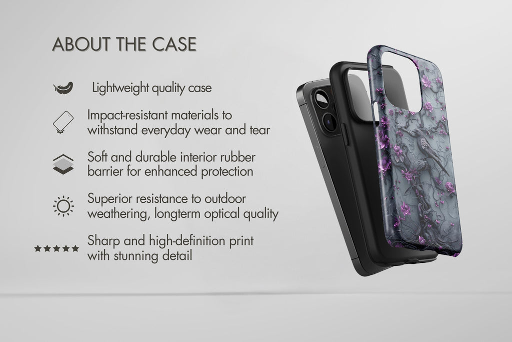 Goth Gothic Dark Spooky Raven Crow Phone Case Witchy Purple Tree Flower iPhone 15 14 13 12 11 8 Pro Max X XS XR Pixel Samsung S23 S24+ Gift