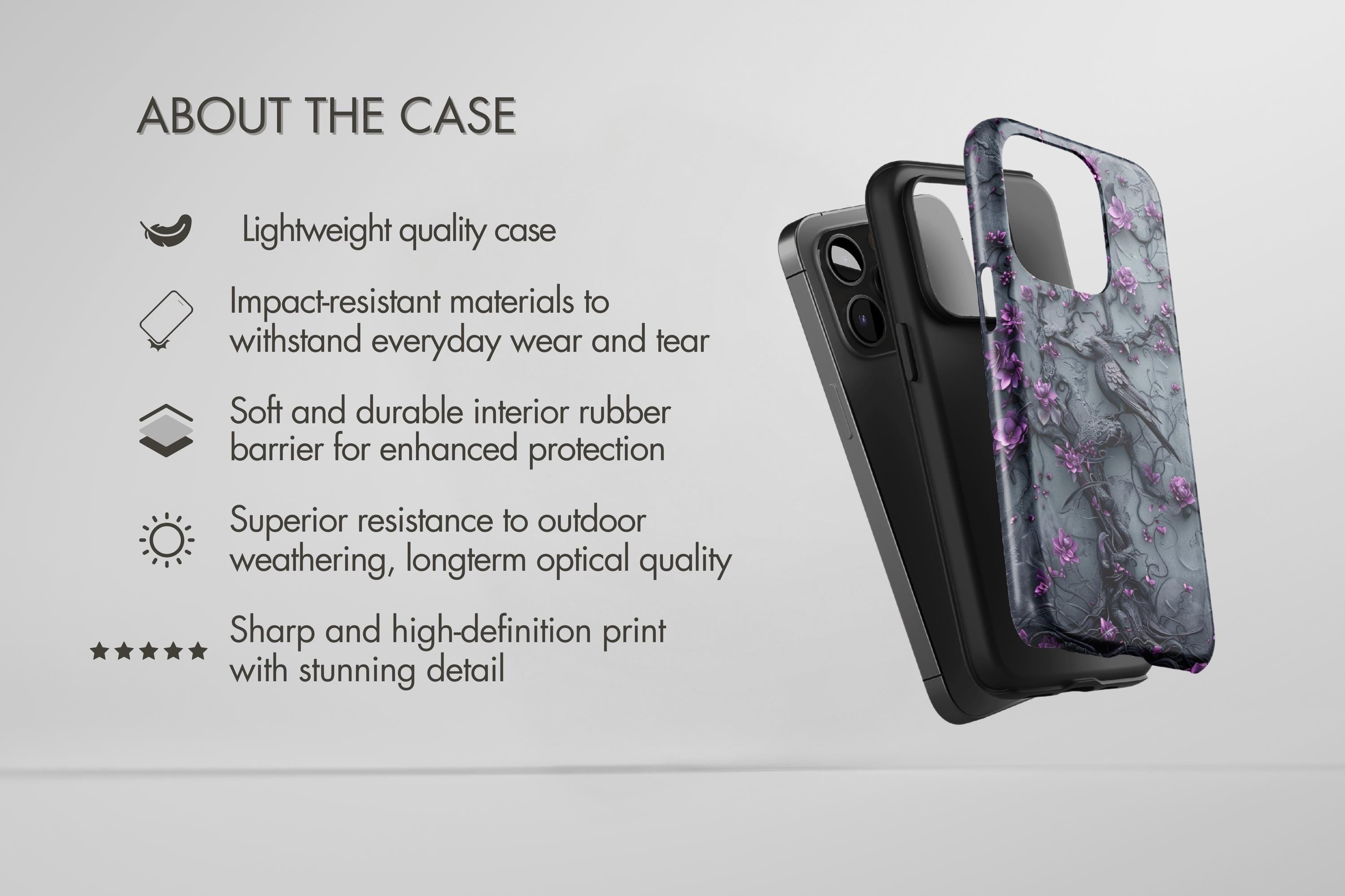 Goth Gothic Dark Spooky Raven Crow Phone Case Witchy Purple Tree Flower iPhone 15 14 13 12 11 8 Pro Max X XS XR Pixel Samsung S23 S24+ Gift