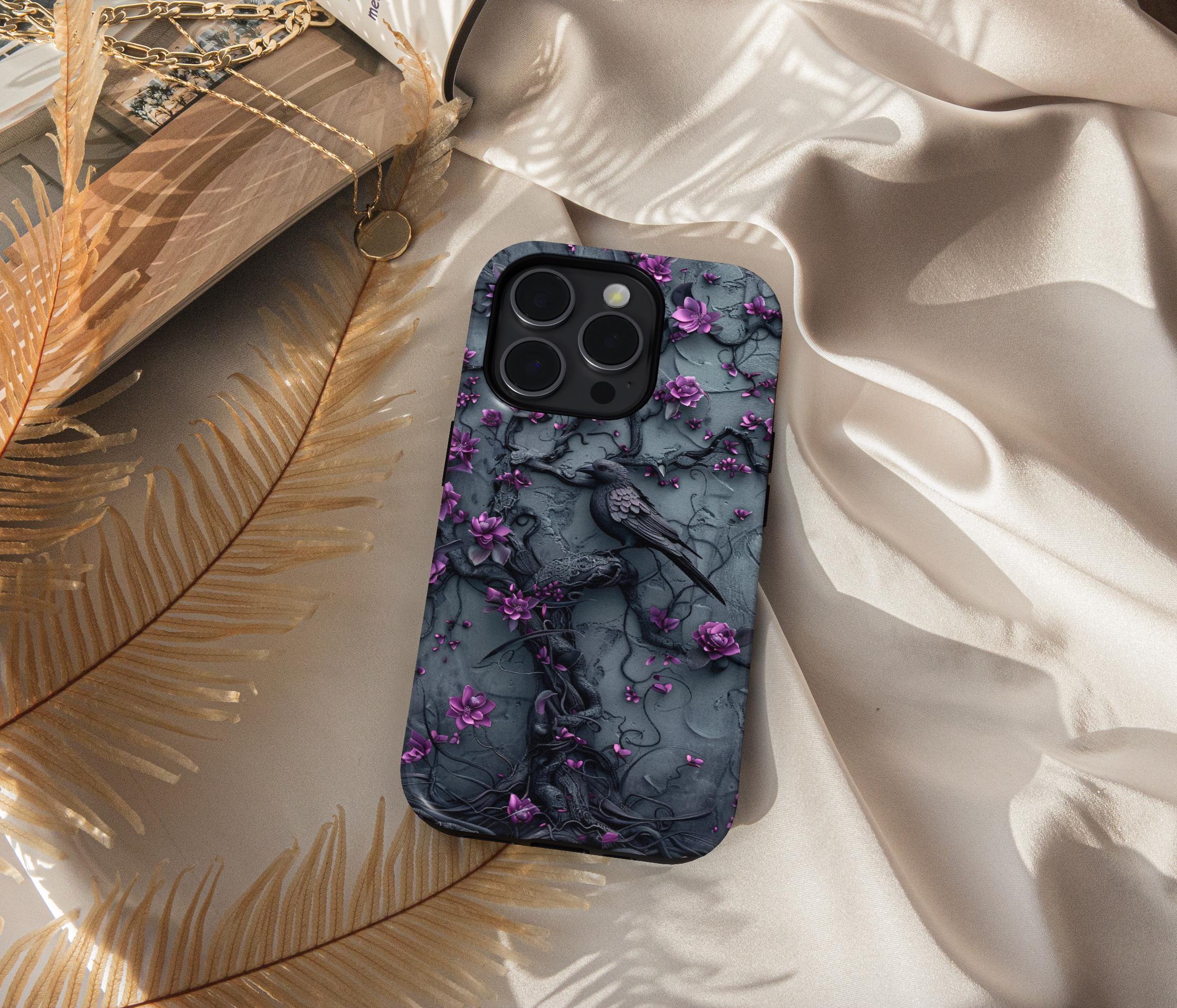 Goth Gothic Dark Spooky Raven Crow Phone Case Witchy Purple Tree Flower iPhone 15 14 13 12 11 8 Pro Max X XS XR Pixel Samsung S23 S24+ Gift