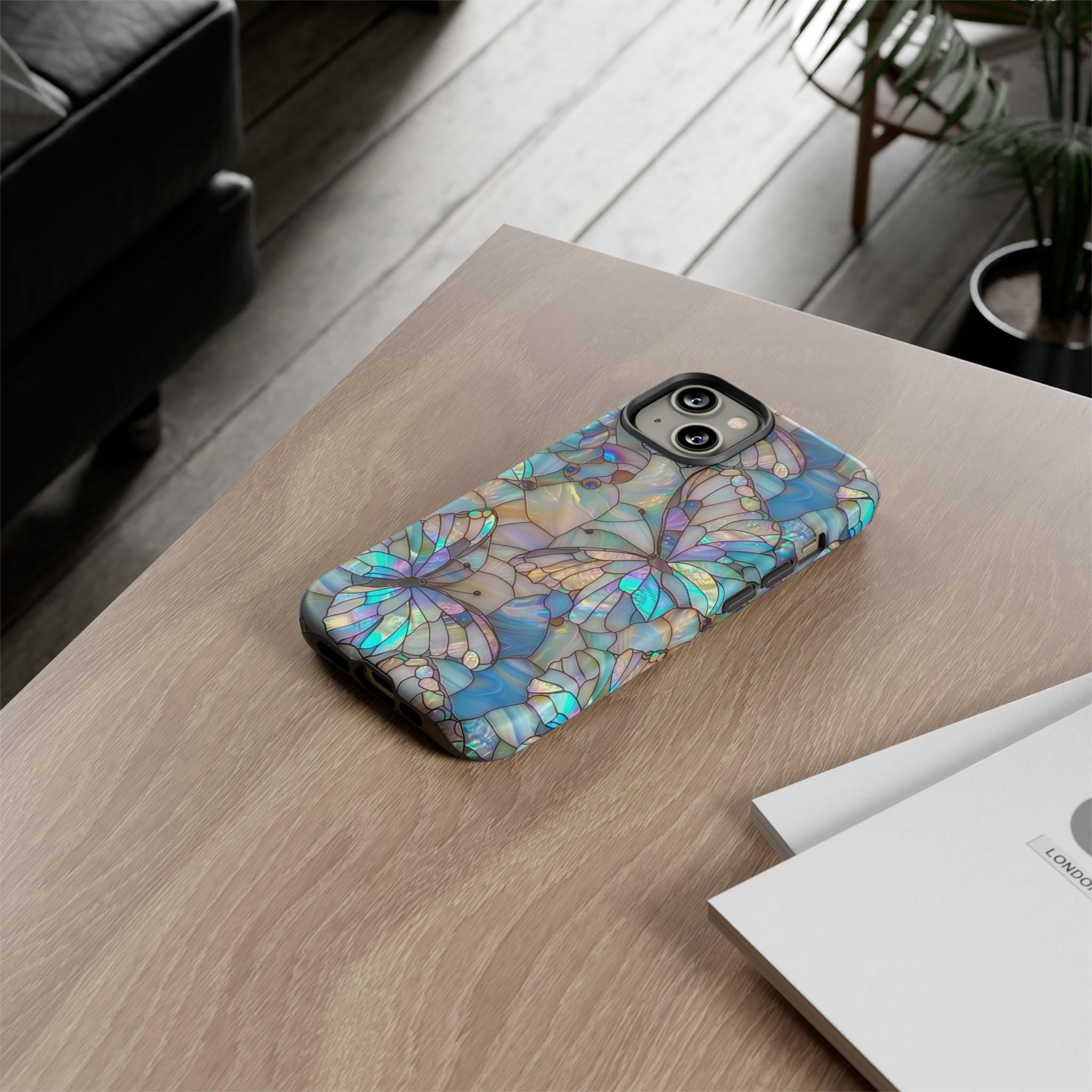 Stained Glass Butterfly Mosaic Phone Case, Stain Glass Look Butterfly Design Phone Cover For iPhone Pro Max, Pixel Pro, Samsung Ultra Plus
