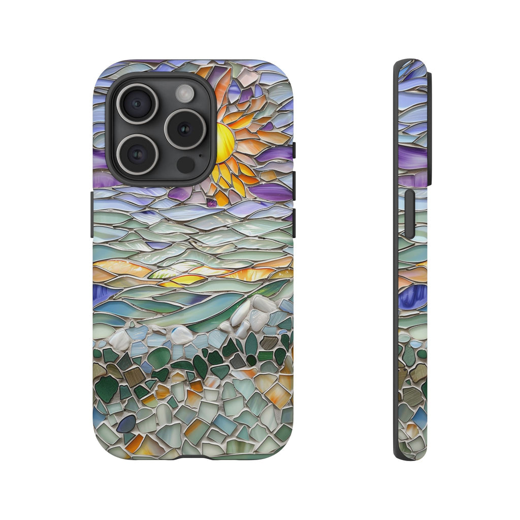 3D Stained Glass style Sun and Ocean Phone Case, Glass Mosaic Boho for iPhone 13, 14, 15, Pixel 8 Pro, Samsung S24