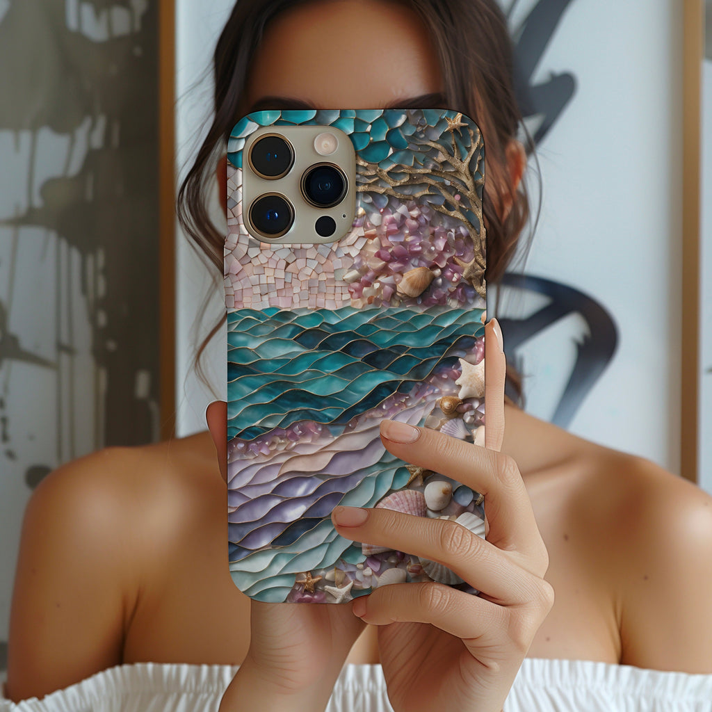 Seashells mosaic Stained Glass Effect Phone Case, pink gold teal beach printed case for iPhone and Samsung, phone gifts for her