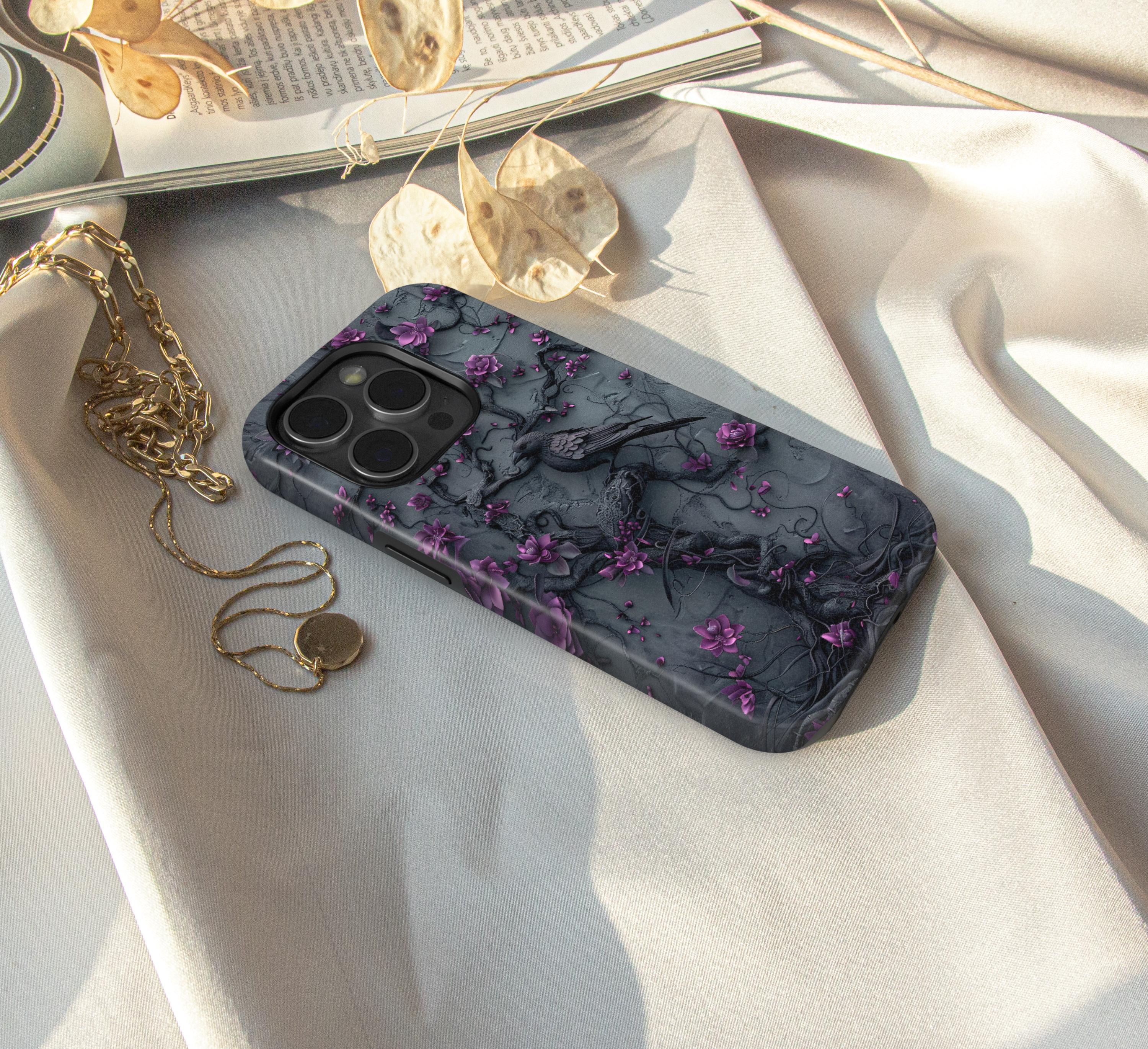 Goth Gothic Dark Spooky Raven Crow Phone Case Witchy Purple Tree Flower iPhone 15 14 13 12 11 8 Pro Max X XS XR Pixel Samsung S23 S24+ Gift