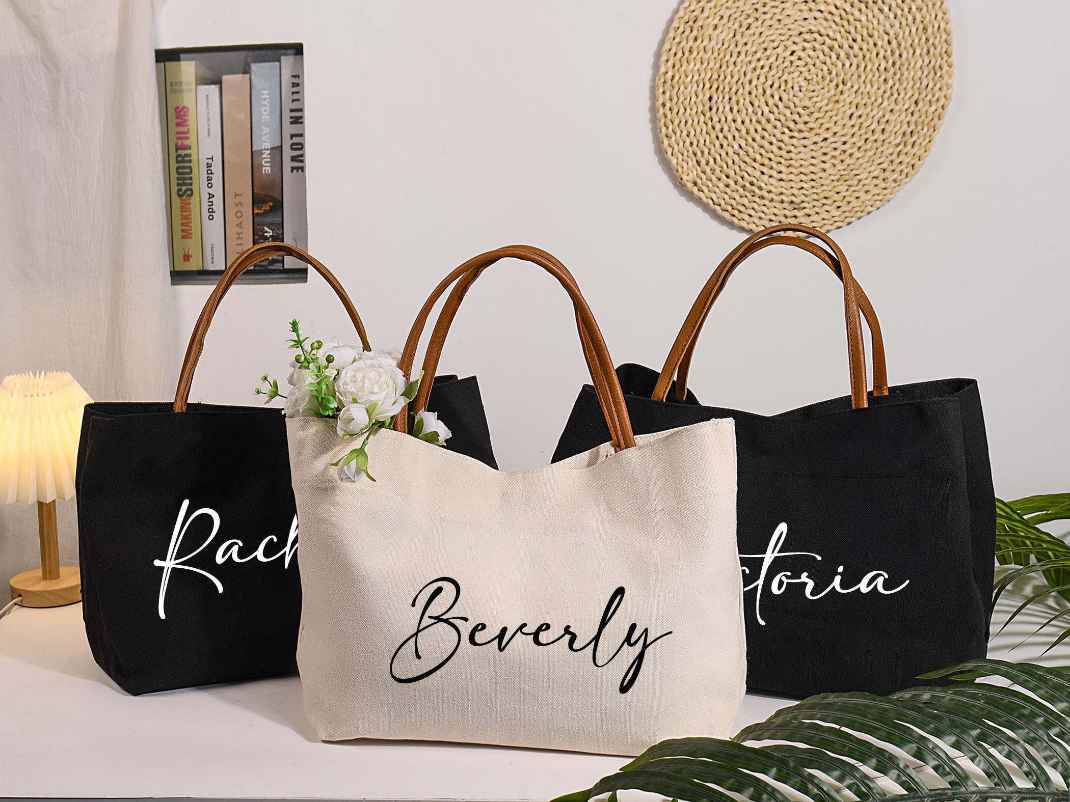 Custom Bridesmaid Canvas Tote Bag with Name, Beach Bag with Zipper/Magnetic Buckle, Bridal Party Gift, Birthday/Wedding Gift for Friends/Bridesmaid