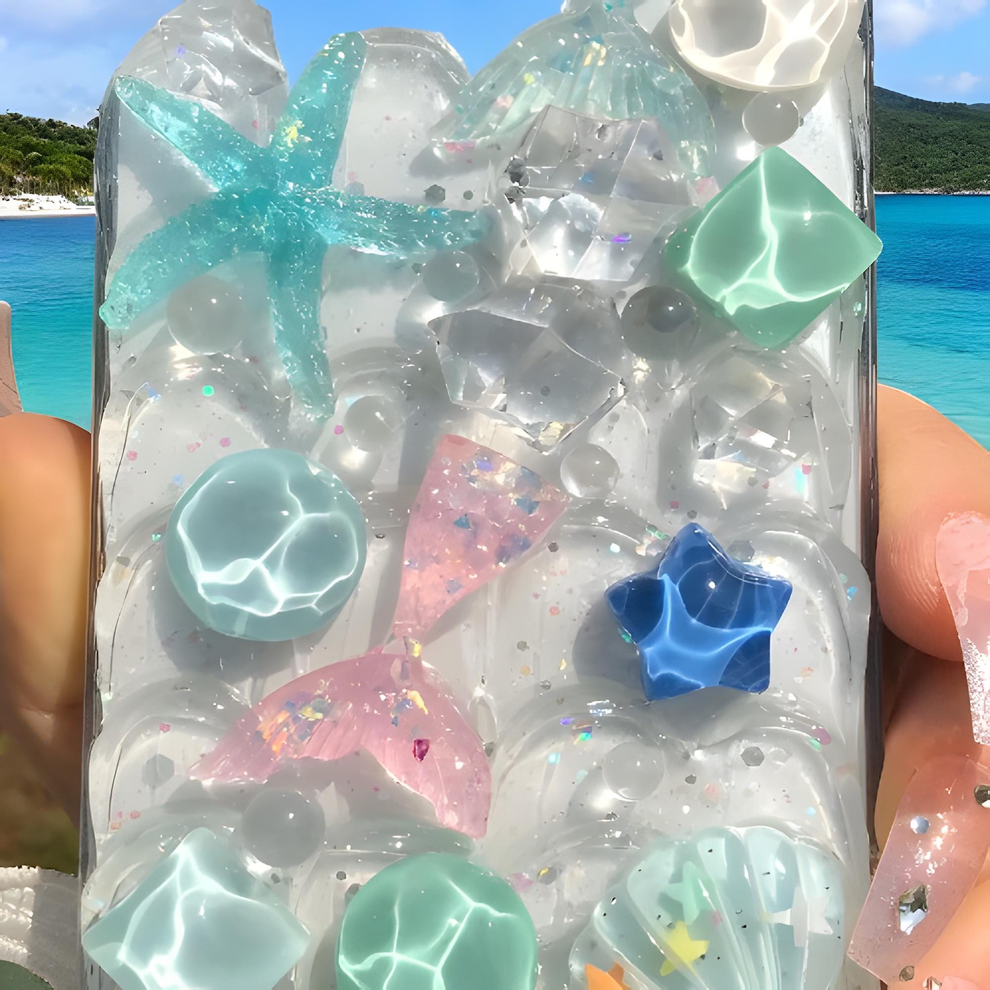 Cute 3D Starfish & Mermaid Phone Case, Crystal Stone for iPhone 15 14 13 12 11 Pro Max, Perfect Gift for Her
