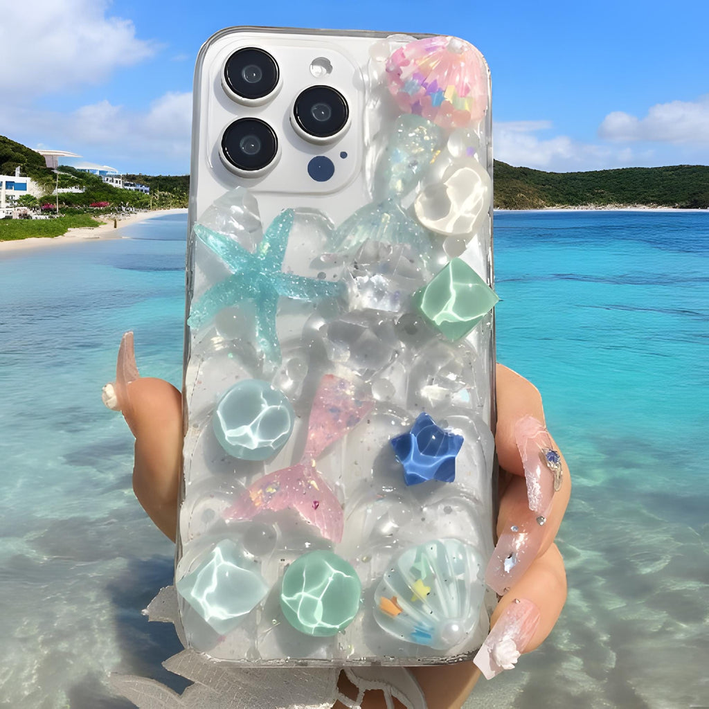 Cute 3D Starfish & Mermaid Phone Case, Crystal Stone for iPhone 15 14 13 12 11 Pro Max, Perfect Gift for Her