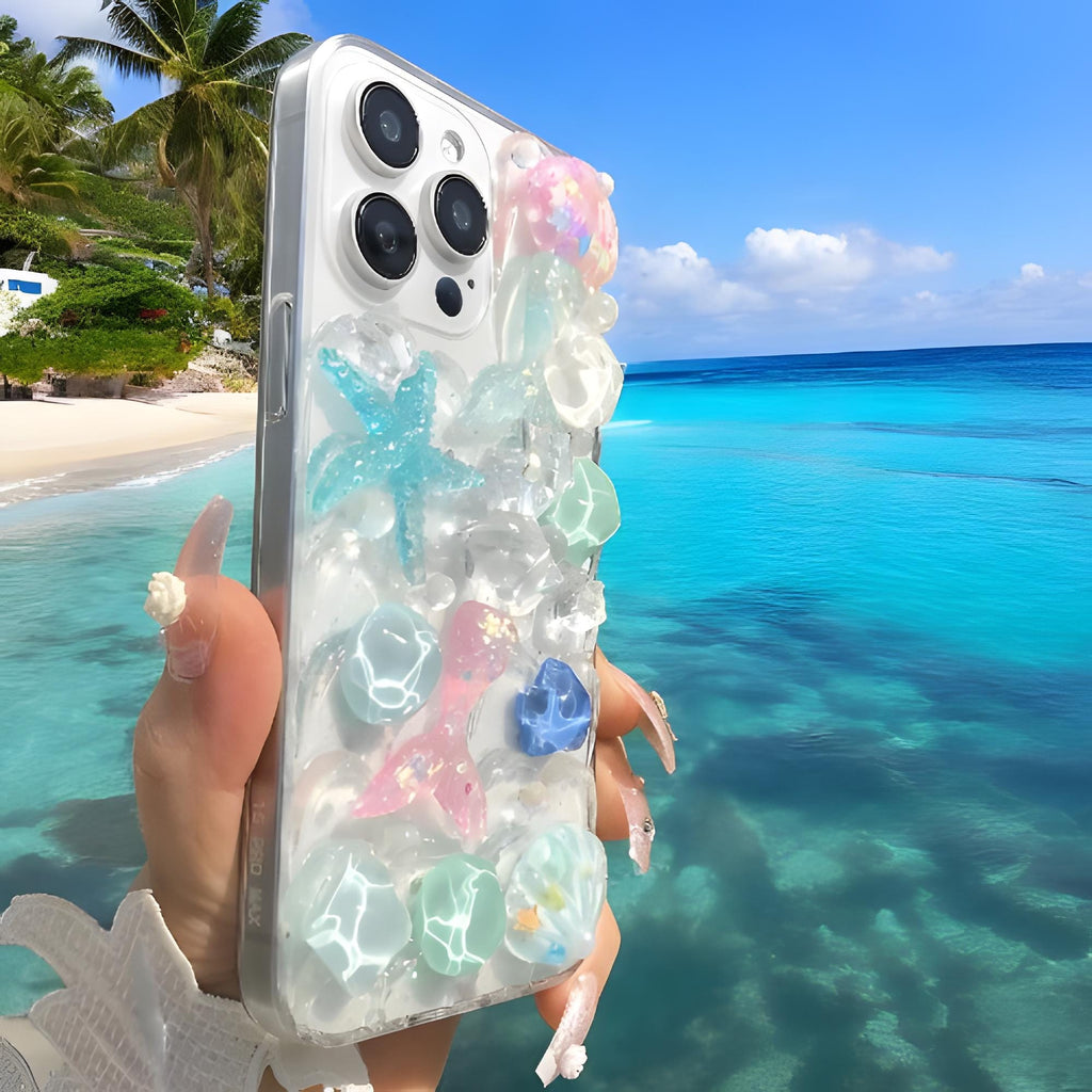 Cute 3D Starfish & Mermaid Phone Case, Crystal Stone for iPhone 15 14 13 12 11 Pro Max, Perfect Gift for Her