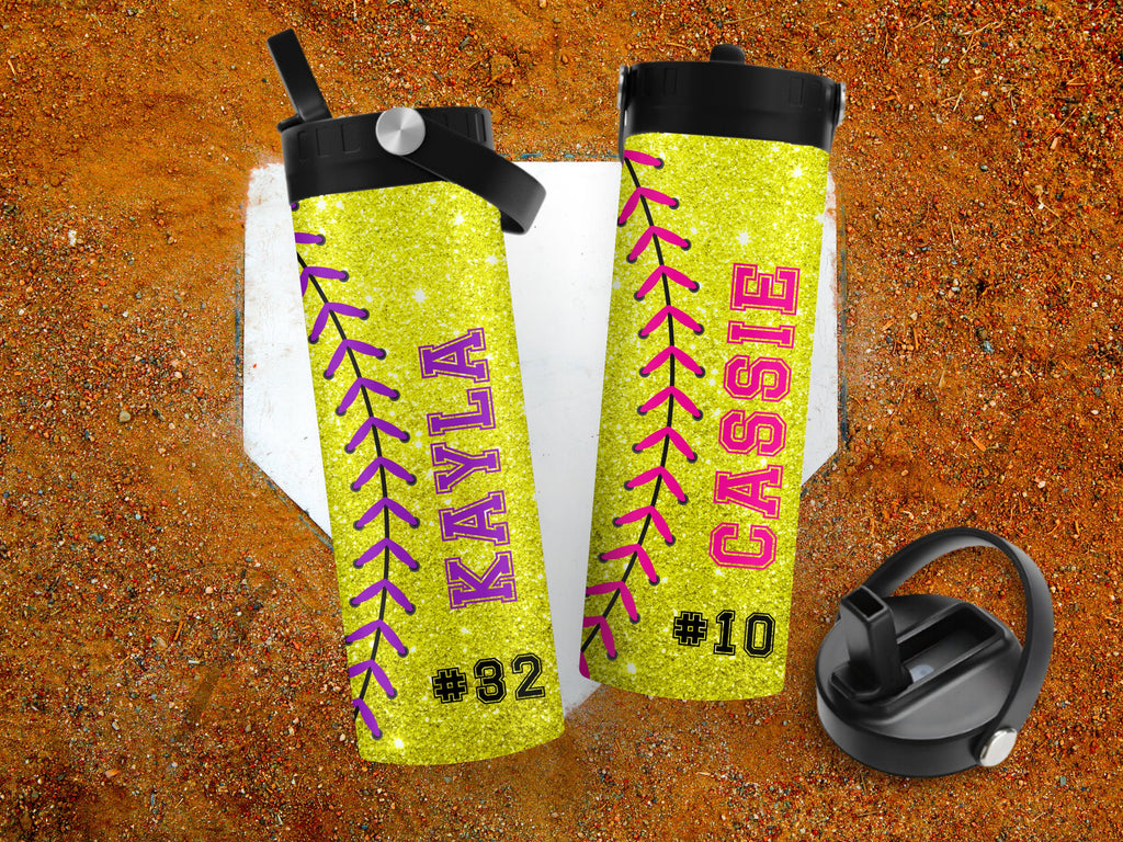 Custom softball team water bottles, Glitter softball tumbler, Gift for softball team, Personalized softball group cups, Bottle with name