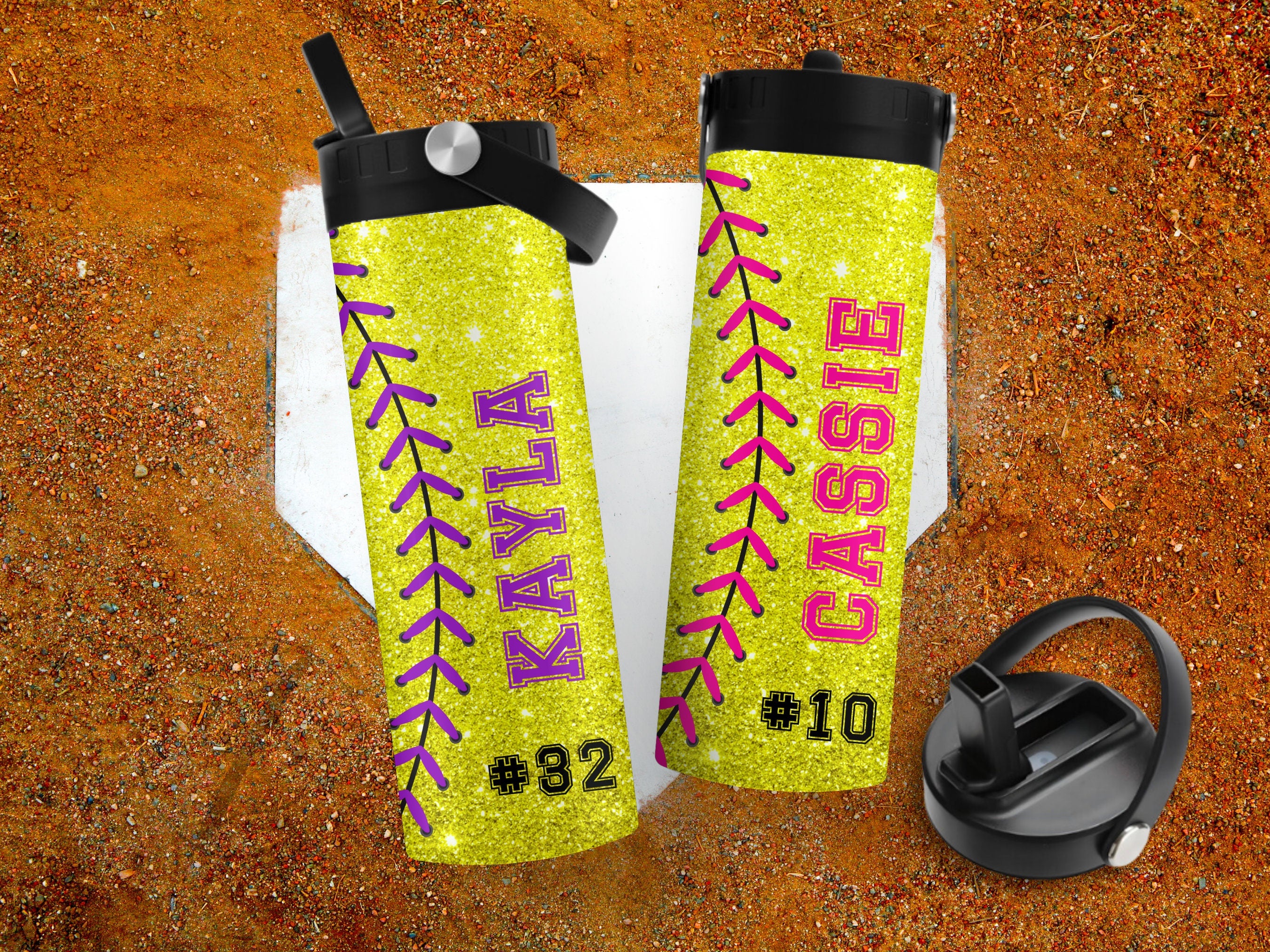 Custom softball team water bottles, Glitter softball tumbler, Gift for softball team, Personalized softball group cups, Bottle with name