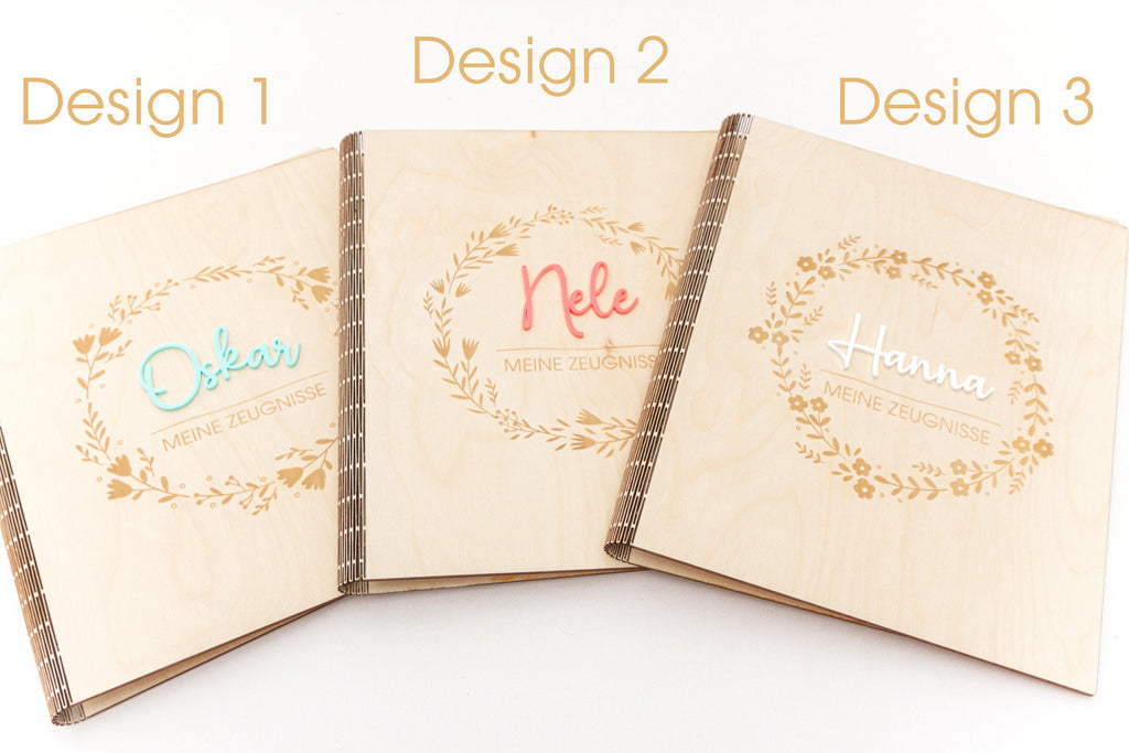 Certificate folder made of wood with floral patterns, folder for certificates with name, school enrollment gift for school child, certificate folder A4 with transparencies