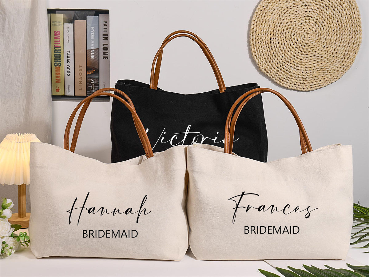 Custom Bridesmaid Canvas Tote Bag with Name, Beach Bag with Zipper/Magnetic Buckle, Bridal Party Gift, Birthday/Wedding Gift for Friends/Bridesmaid